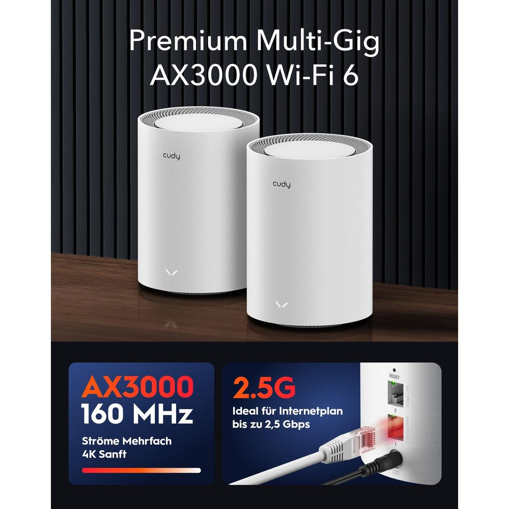 Dwa białe routery Cudy AX3000 Wi-Fi 6 na drewnianym stole.
