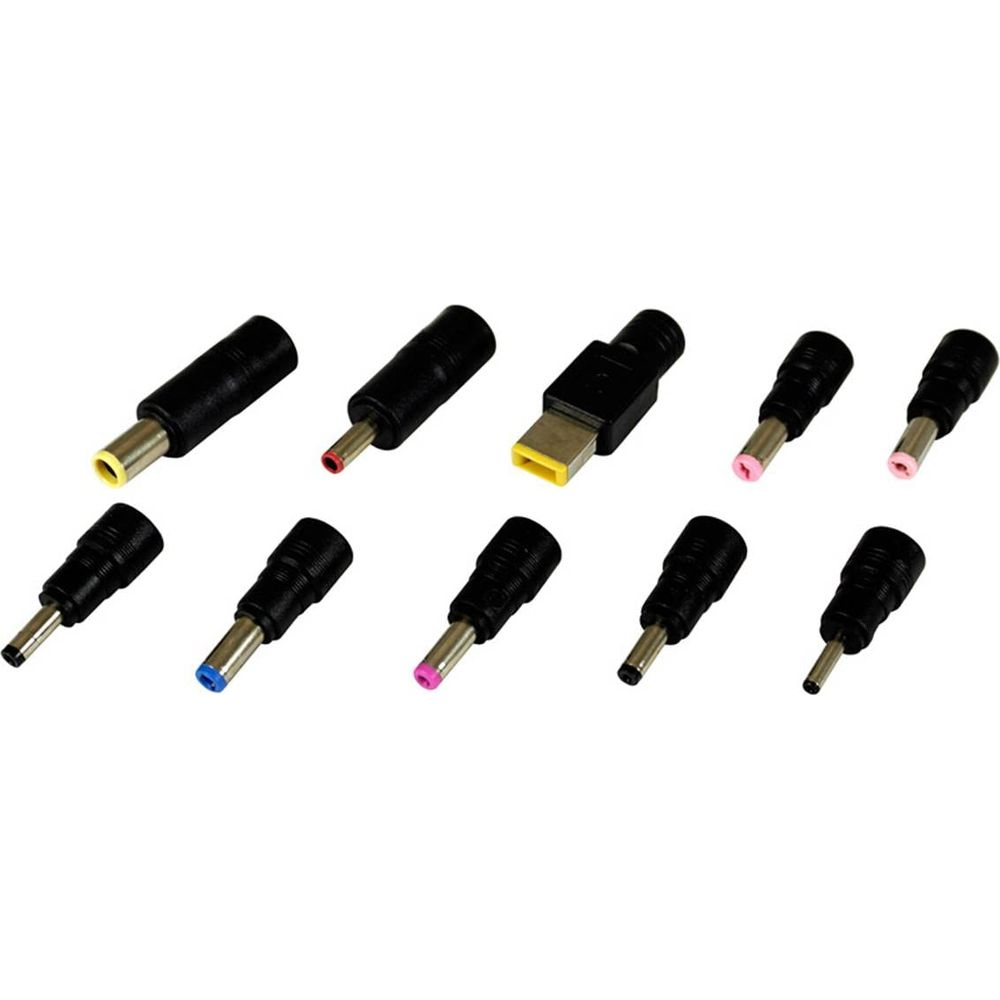 Dziesięć czarnych wtyczek adaptera zasilania z kolorowymi końcówkami: żółtą, czerwoną, niebieską, różową.