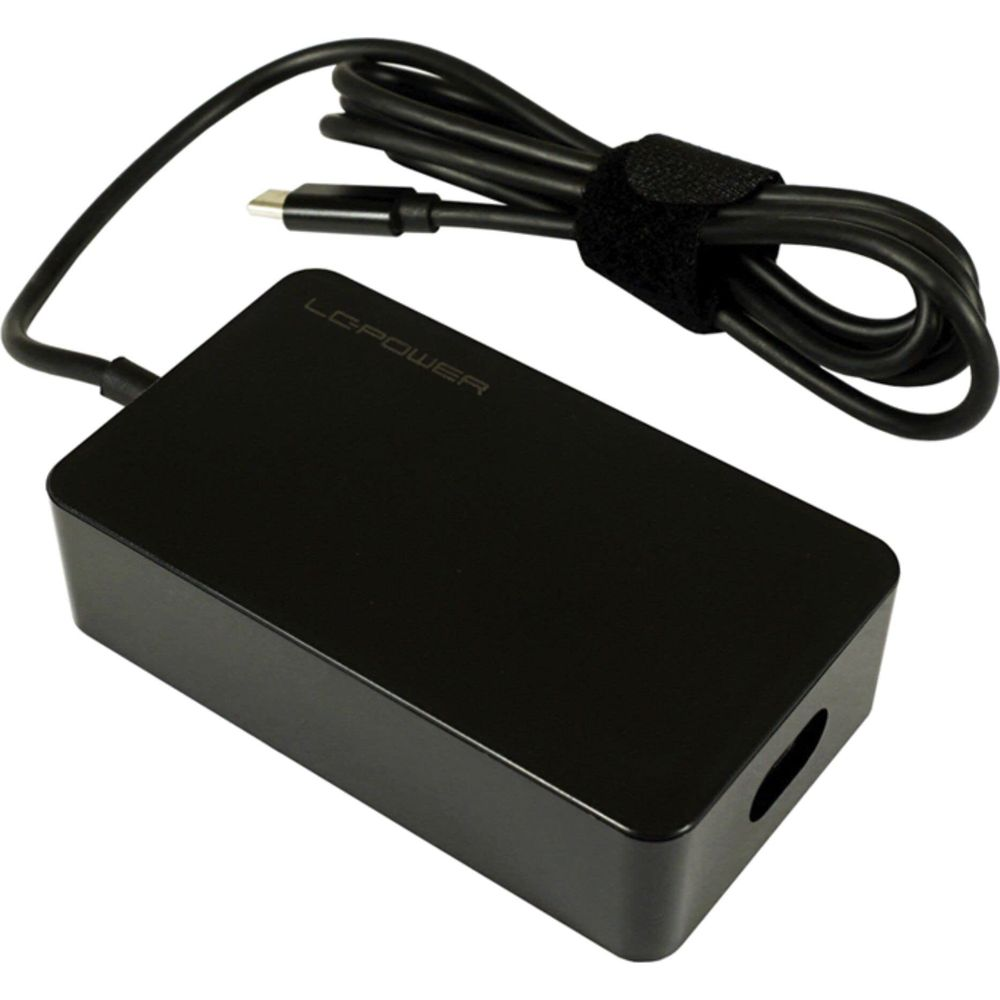 Black power adapter with cable and USB-C connector.