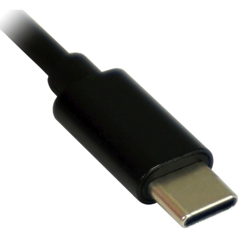 Close-up of a black USB-C plug with a silver metal casing.