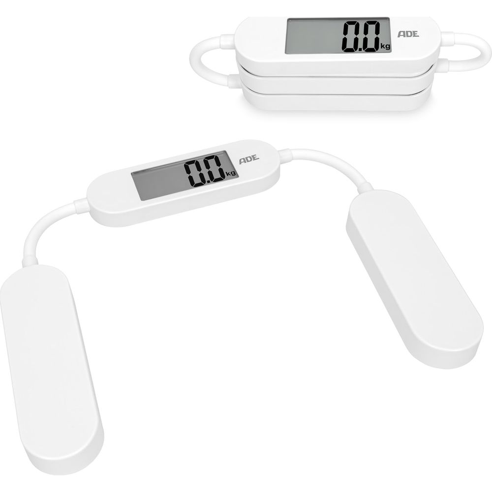 Dwie białe wagi ADE z cyfrowymi wyświetlaczami pokazującymi 0,0 kg.