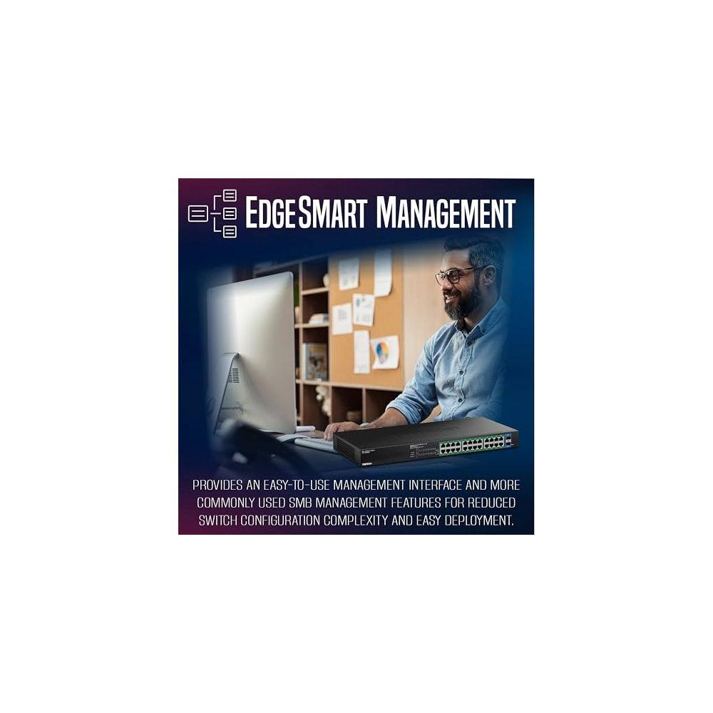 Homme au bureau avec switch réseau et ordinateur, avec texte 'EdgeSmart Management'.