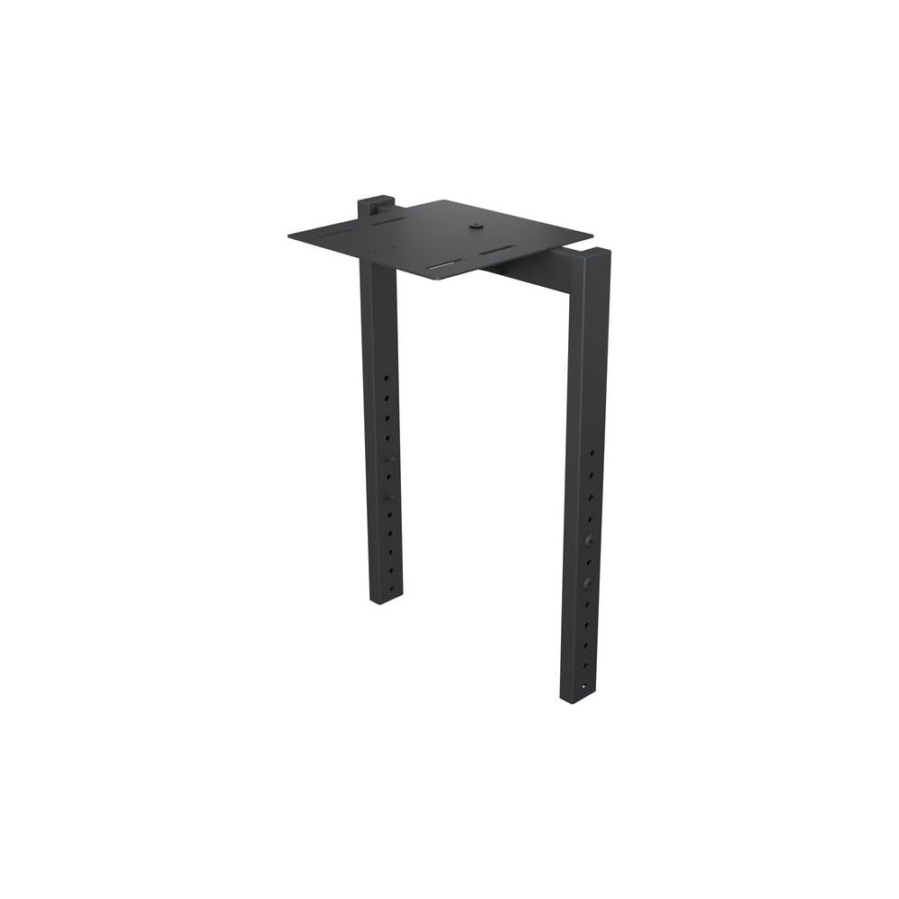 Équerre d'étagère métallique noire avec bras verticaux réglables.