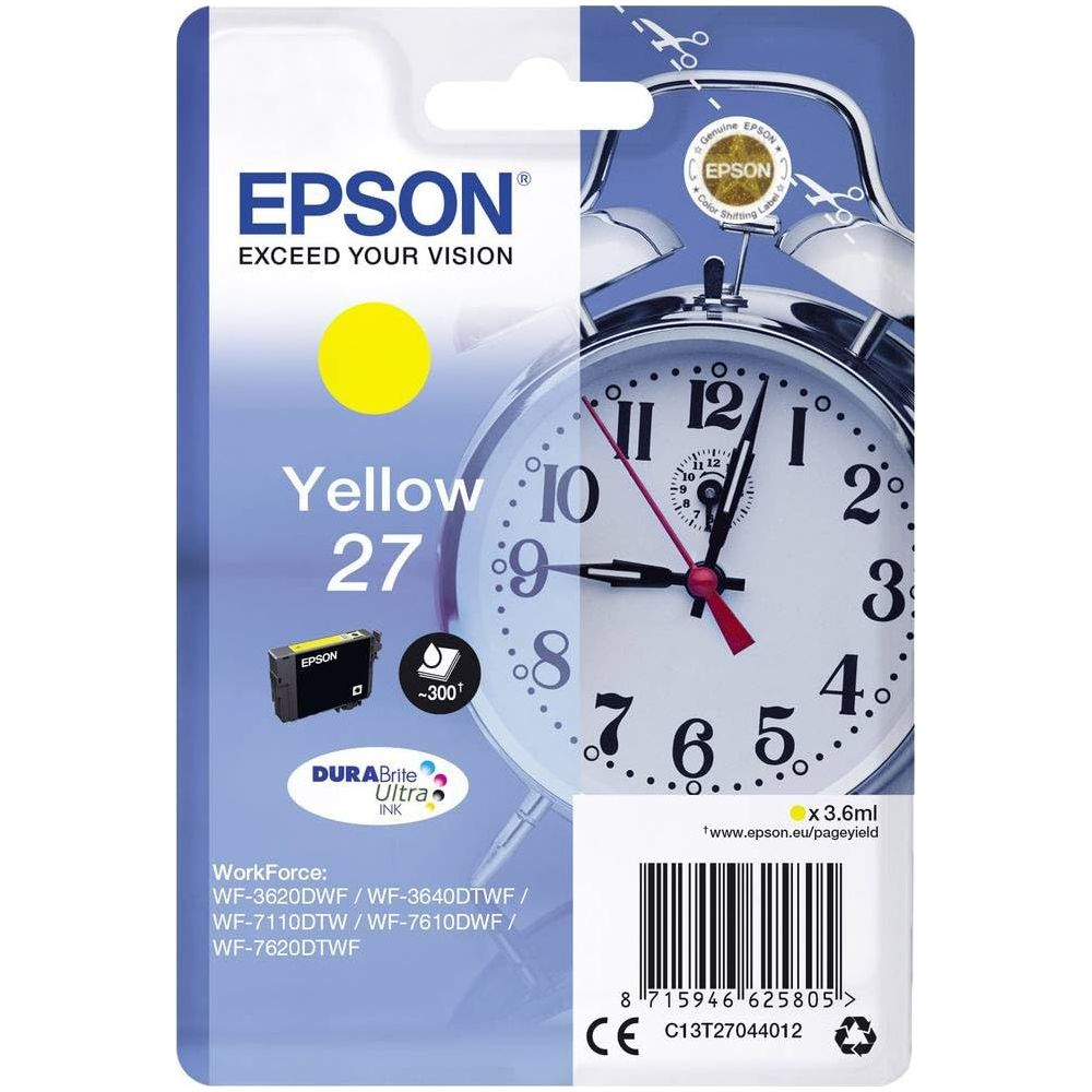 Epson gelbe Tintenpatrone 27 mit Wecker im Hintergrund.