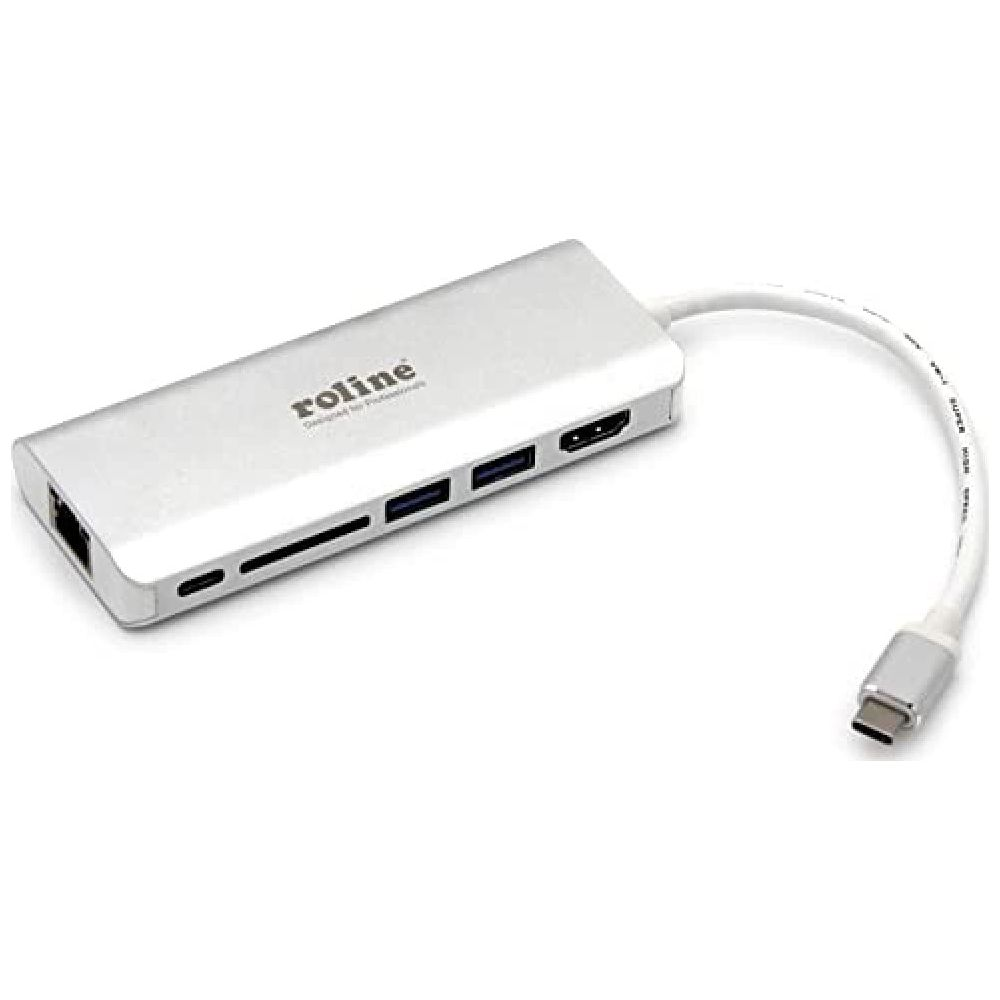 Un hub USB-C argenté avec plusieurs ports dont HDMI et lecteurs de cartes SD.