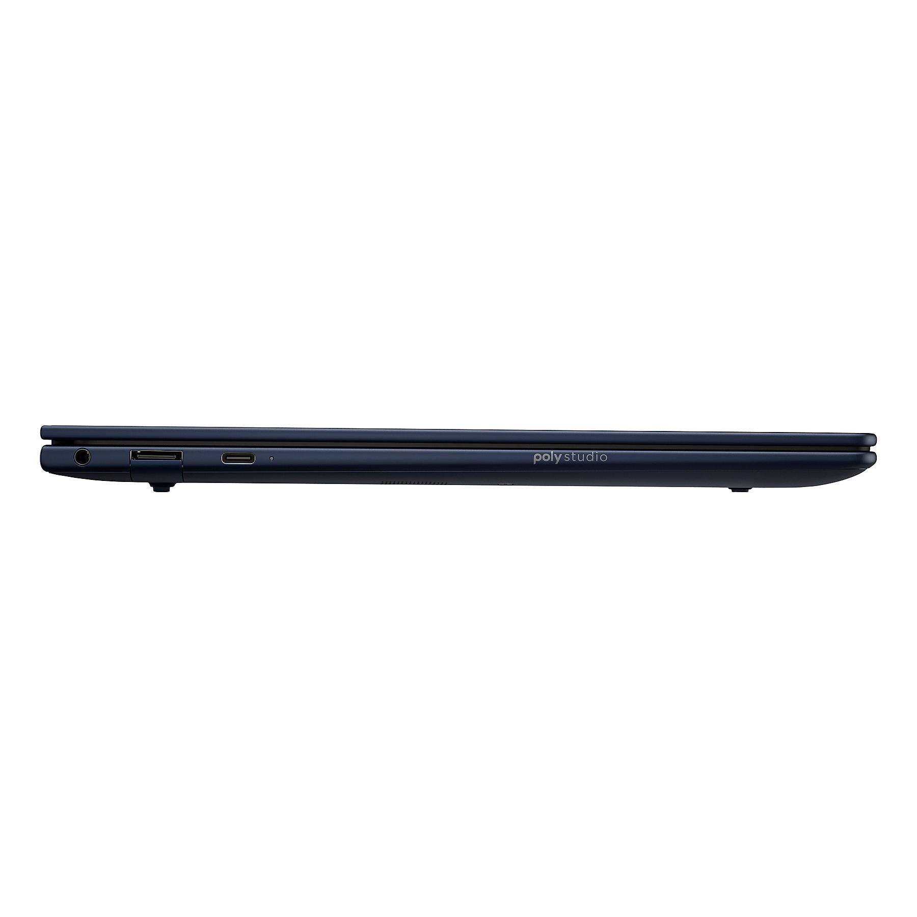 Laptop Poly Studio blu scuro, vista laterale con porte.