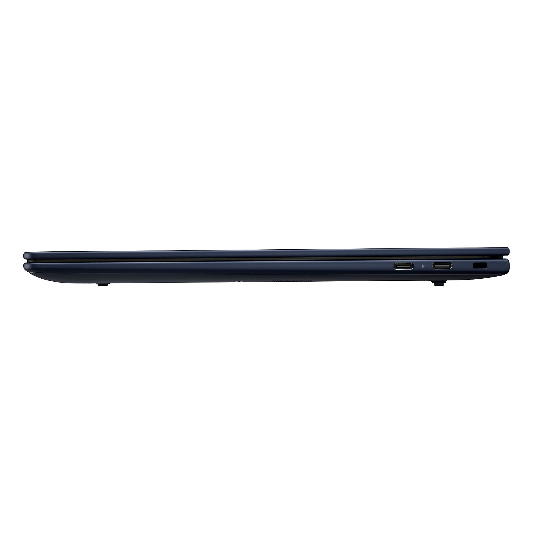 Laptop blu scuro di profilo, con porte sul lato destro.
