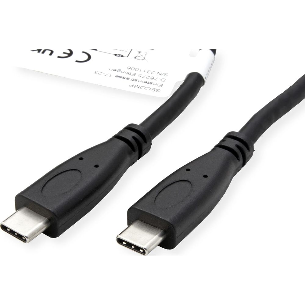 Twee zwarte USB-C kabels met metalen connectoren worden getoond. Een label vermeldt SECOMP.