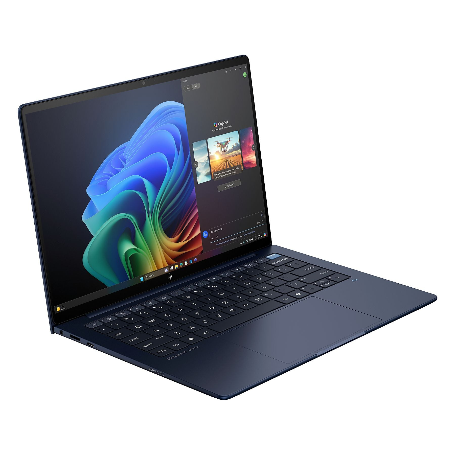 Un laptop blu scuro aperto con uno sfondo colorato sullo schermo.
