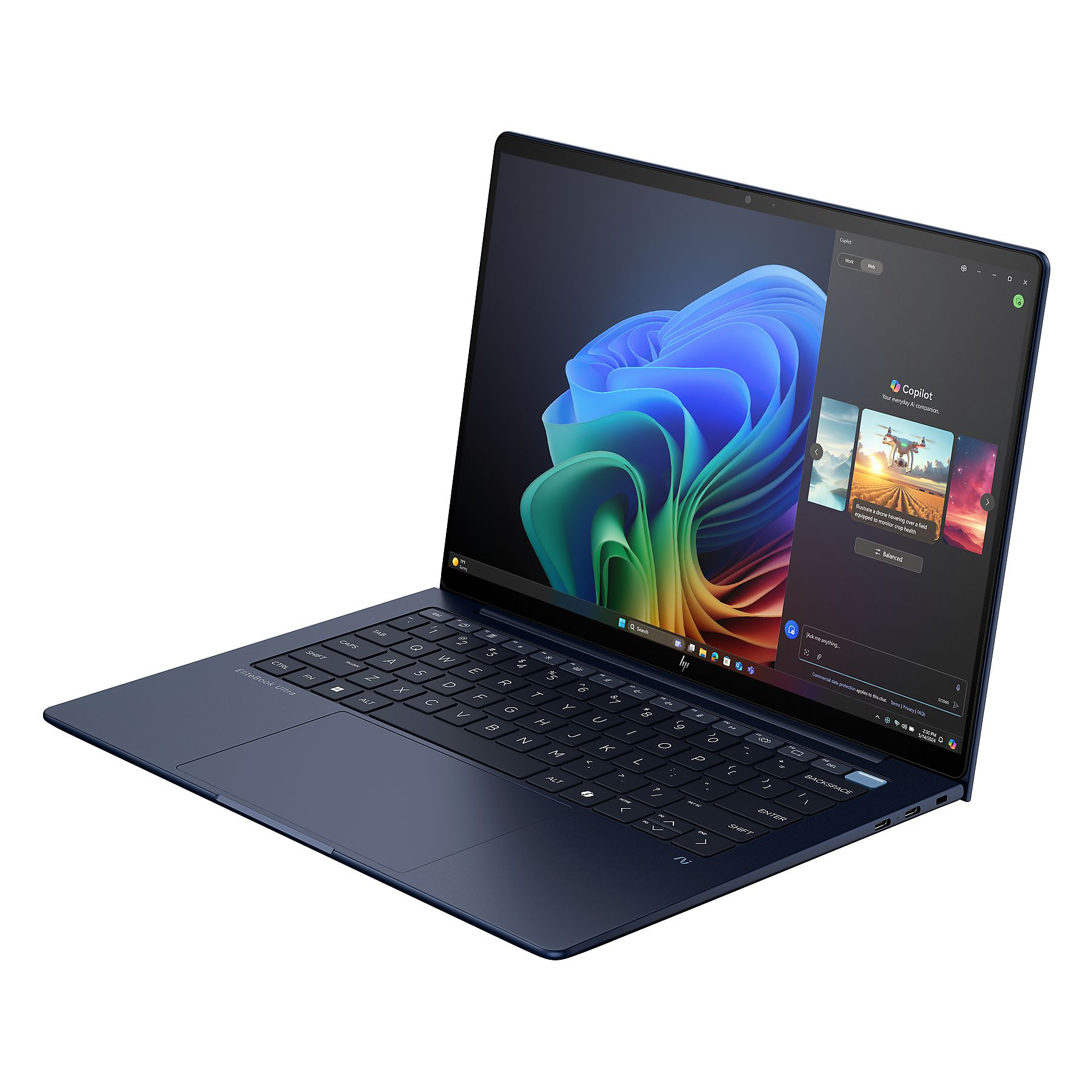 Un laptop blu scuro con tastiera e schermo che mostra un assistente AI.