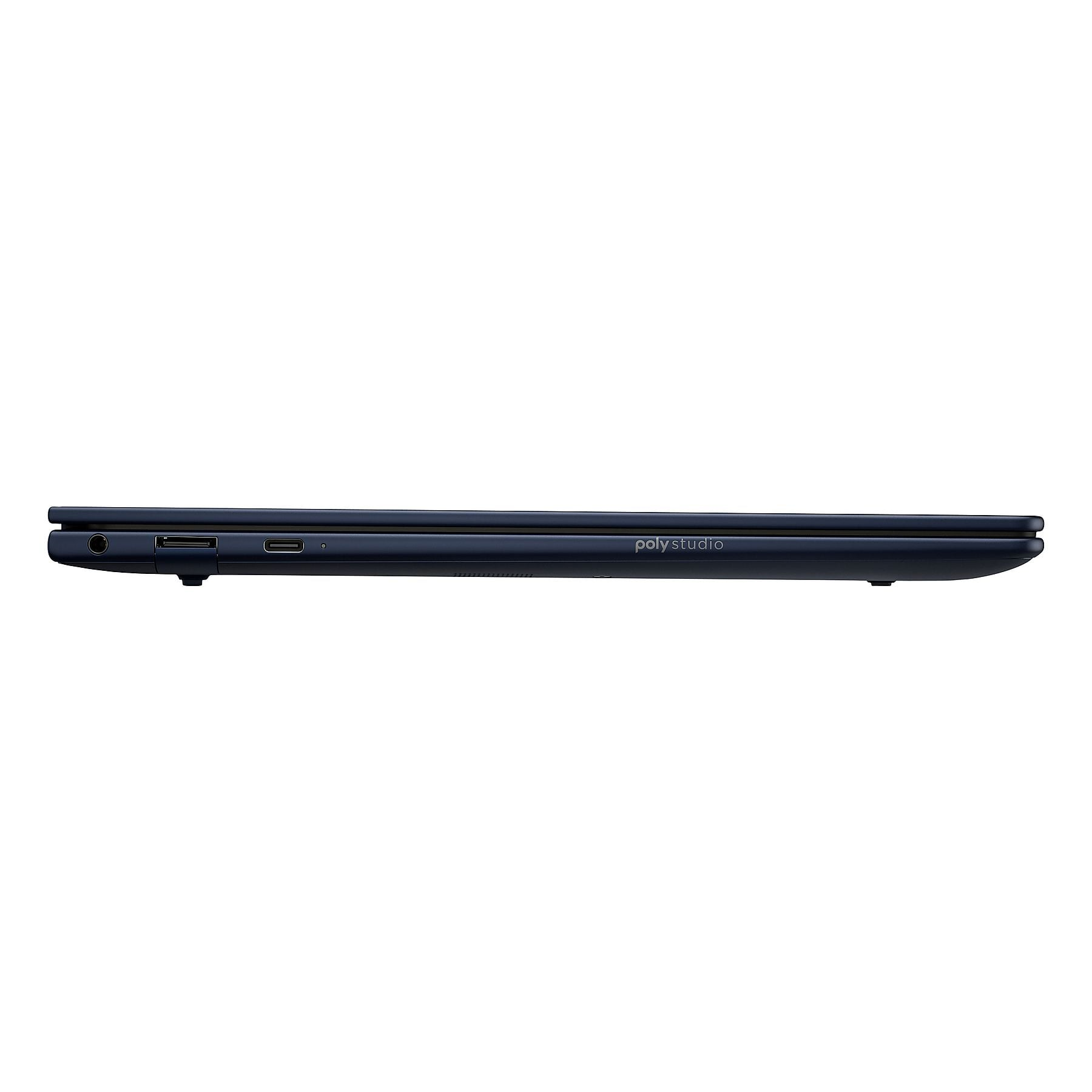 Laptop blu scuro di profilo, con porte e logo.
