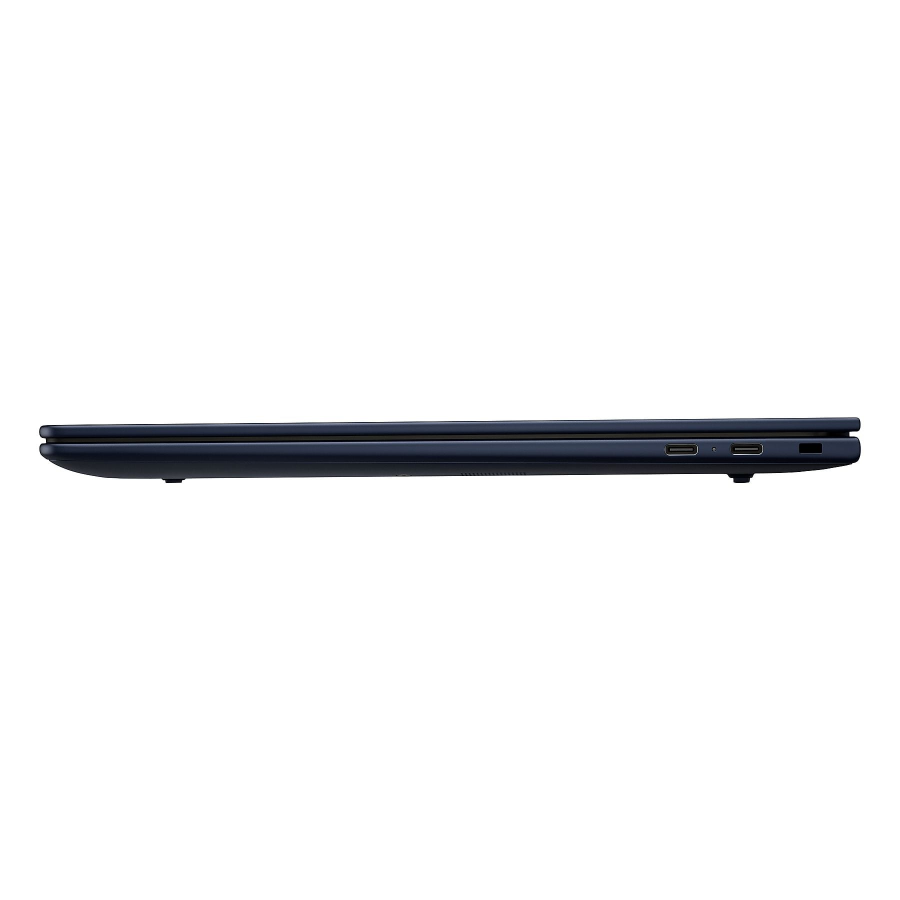 Laptop blu scuro di profilo che mostra porte USB e fessure di ventilazione.