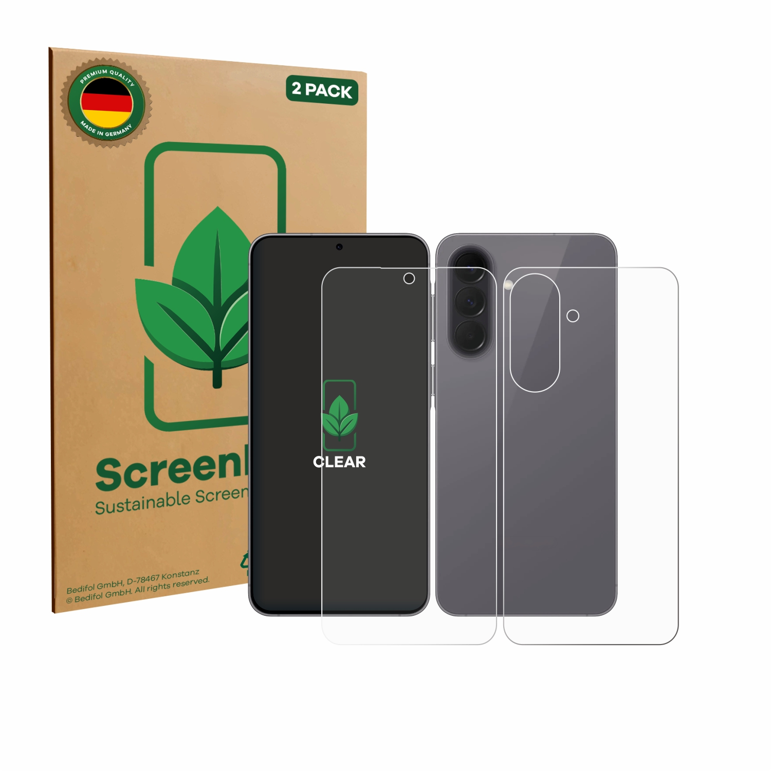 Zwei Displayschutzfolien mit Verpackung und einem Smartphone.