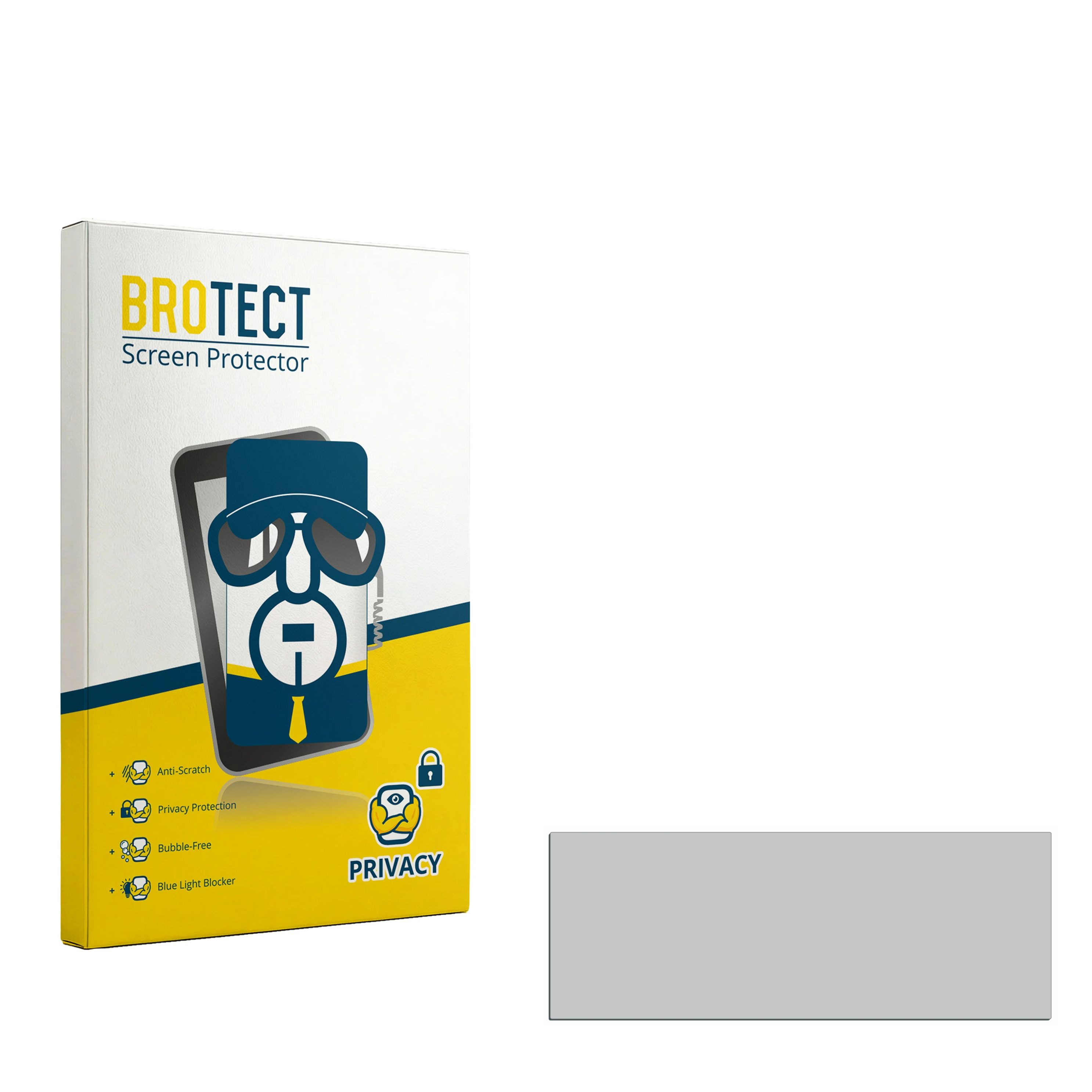 BROTECT Displayschutzfolie-Verpackung mit Icons für Anti-Kratz, Privatsphäre, Blasenfrei.