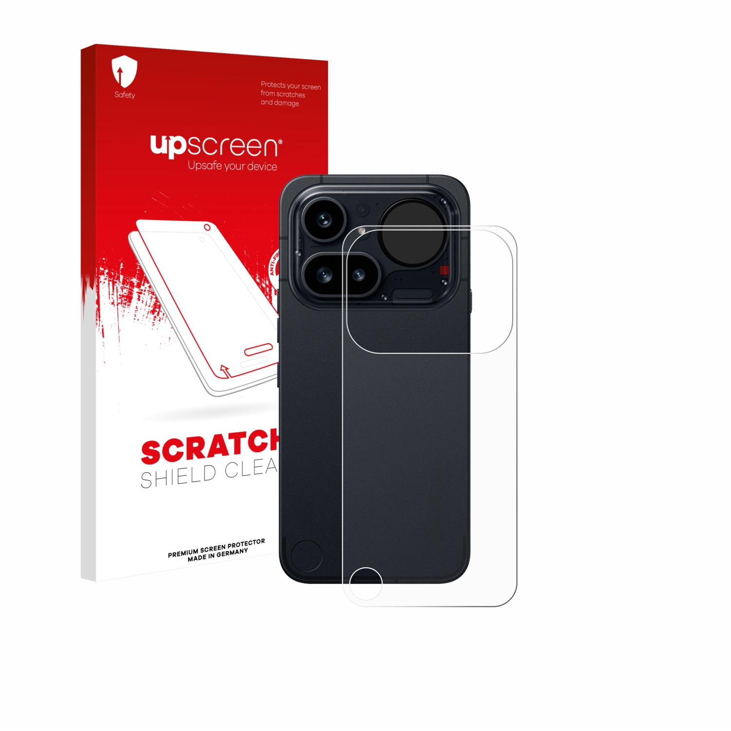 Verpackung für Displayschutzfolie und ein dunkles Smartphone mit Kameras.