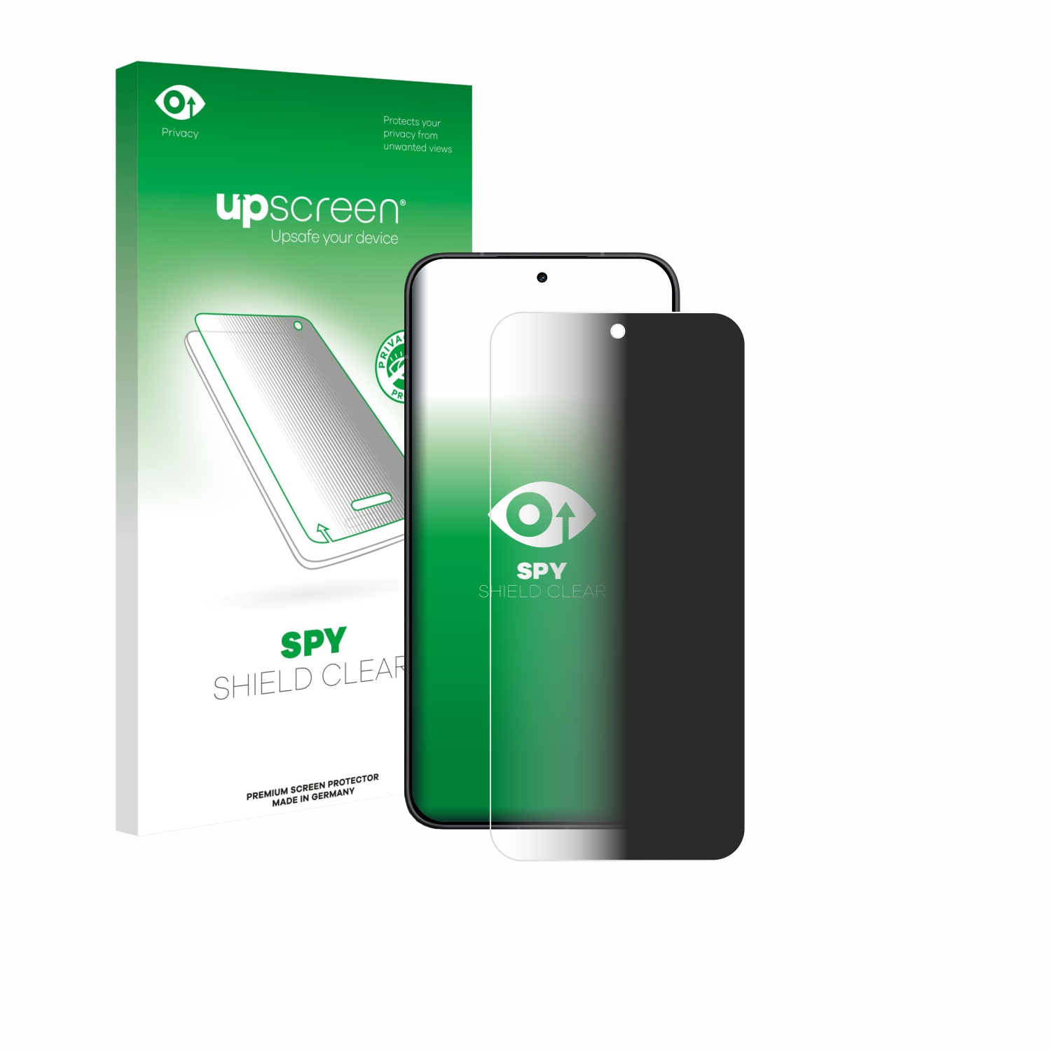 Eine Verpackung für einen Sichtschutz-Displayschutz und ein Smartphone mit Schutzfolie.