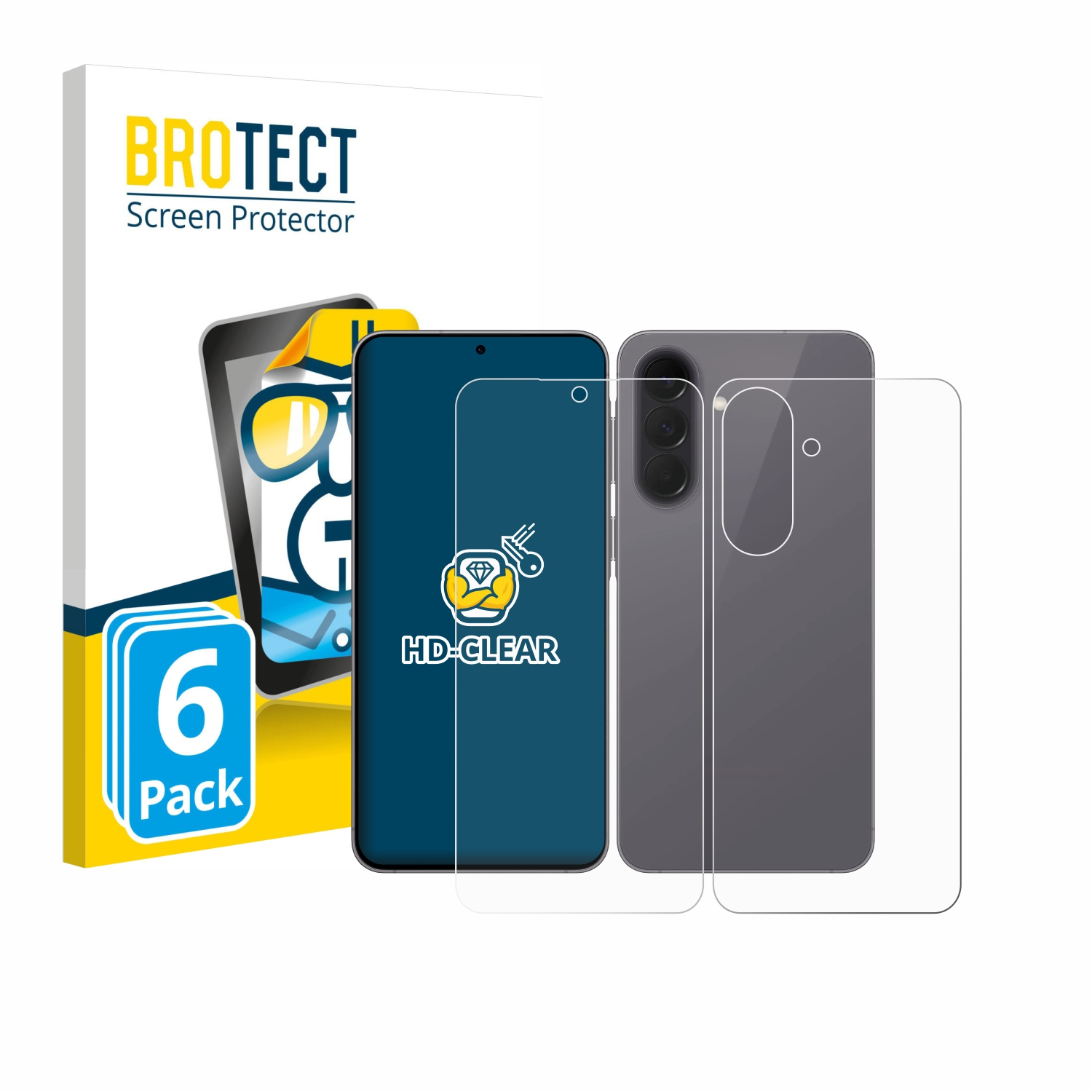 Packung mit 6 Displayschutzfolien für Smartphones, eine davon auf einem Handy angebracht.