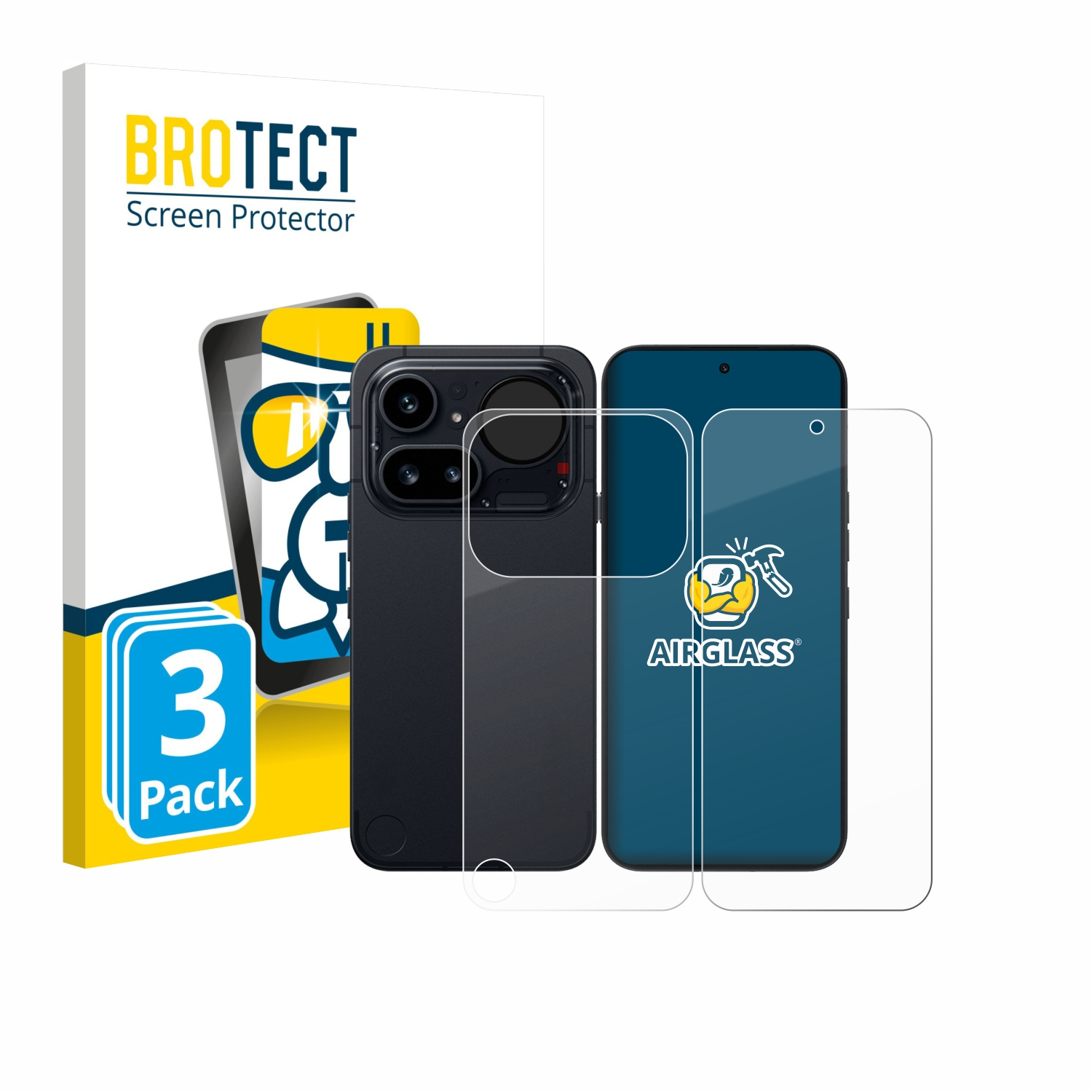 Ein 3er-Pack Displayschutzfolien für ein dunkles Smartphone mit Logo.
