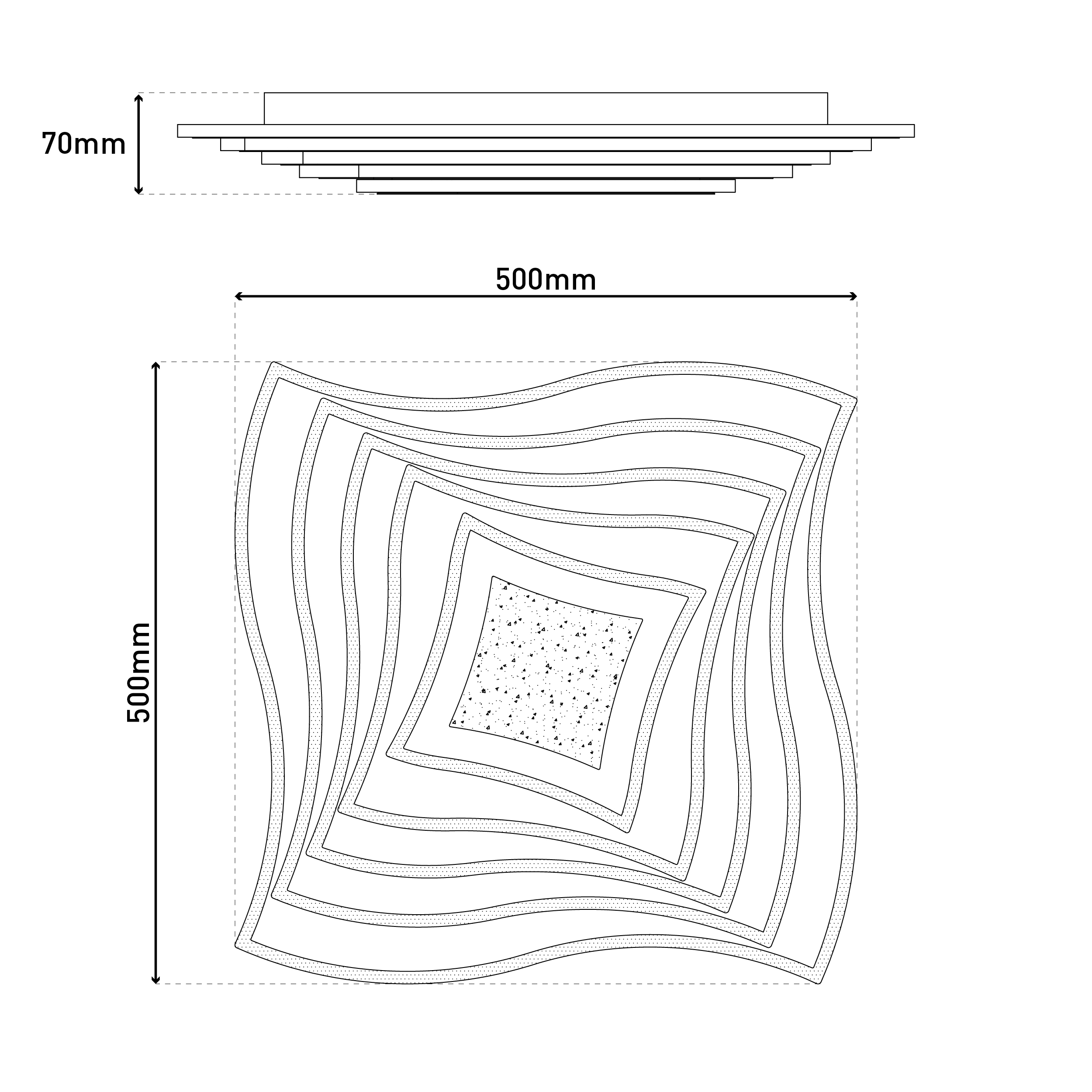 Technische Zeichnung einer Deckenleuchte, 500x500mm, 70mm hoch.