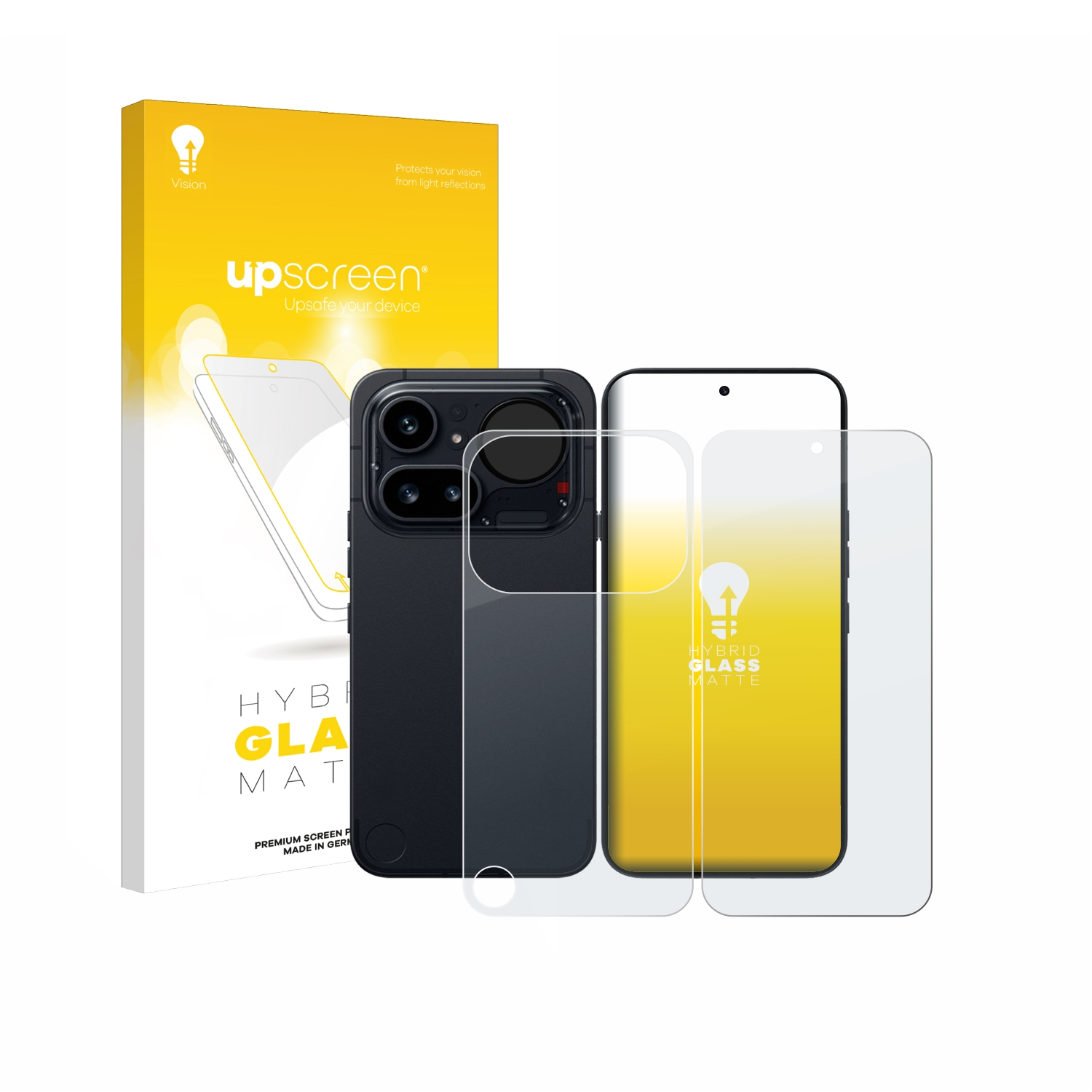 Upscreen Hybrid Glass Matte Displayschutzfolie Verpackung mit Handy und zwei Schutzfolien.