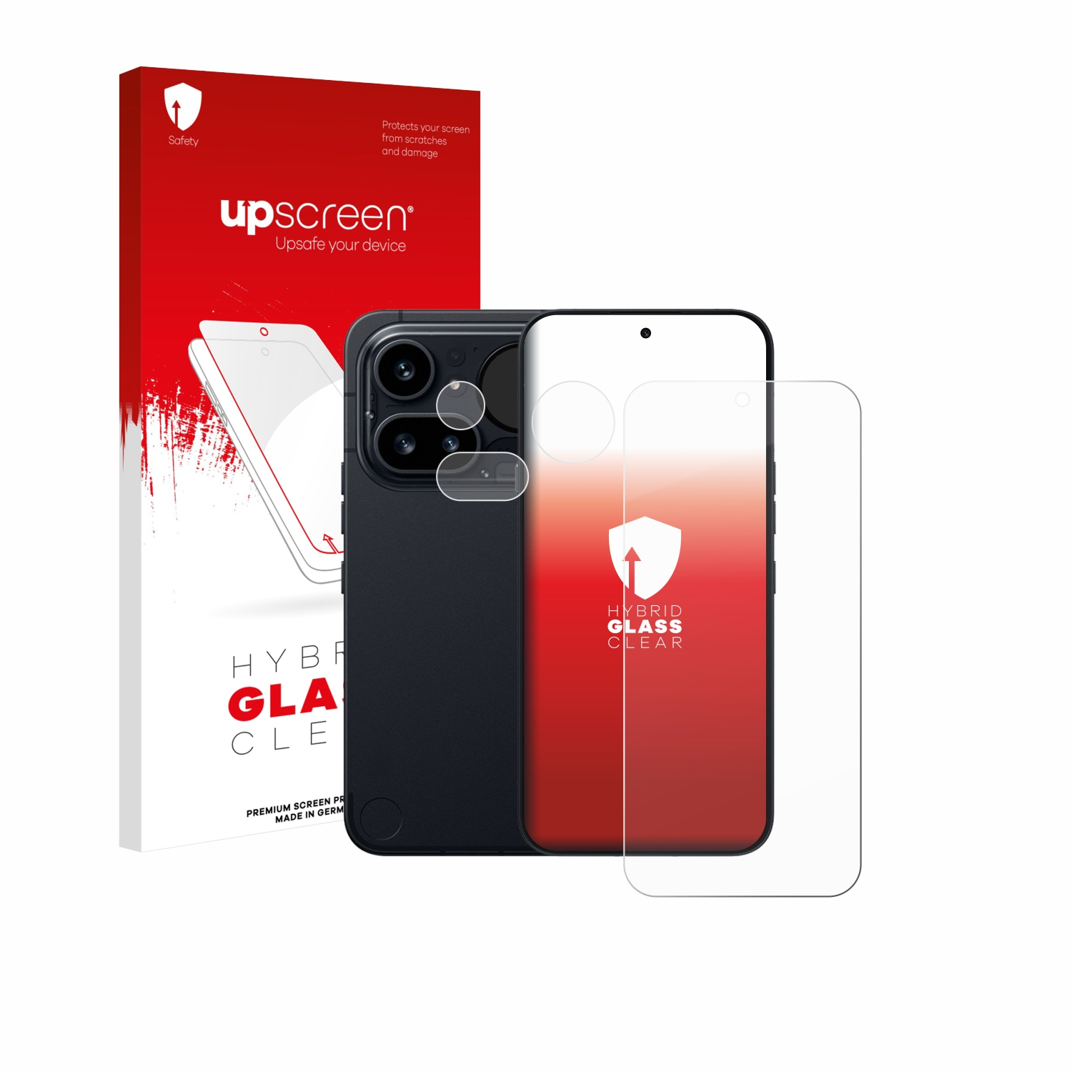 Verpackung und Schutzglas für ein Smartphone, mit Fokus auf dem Geräterückseite.