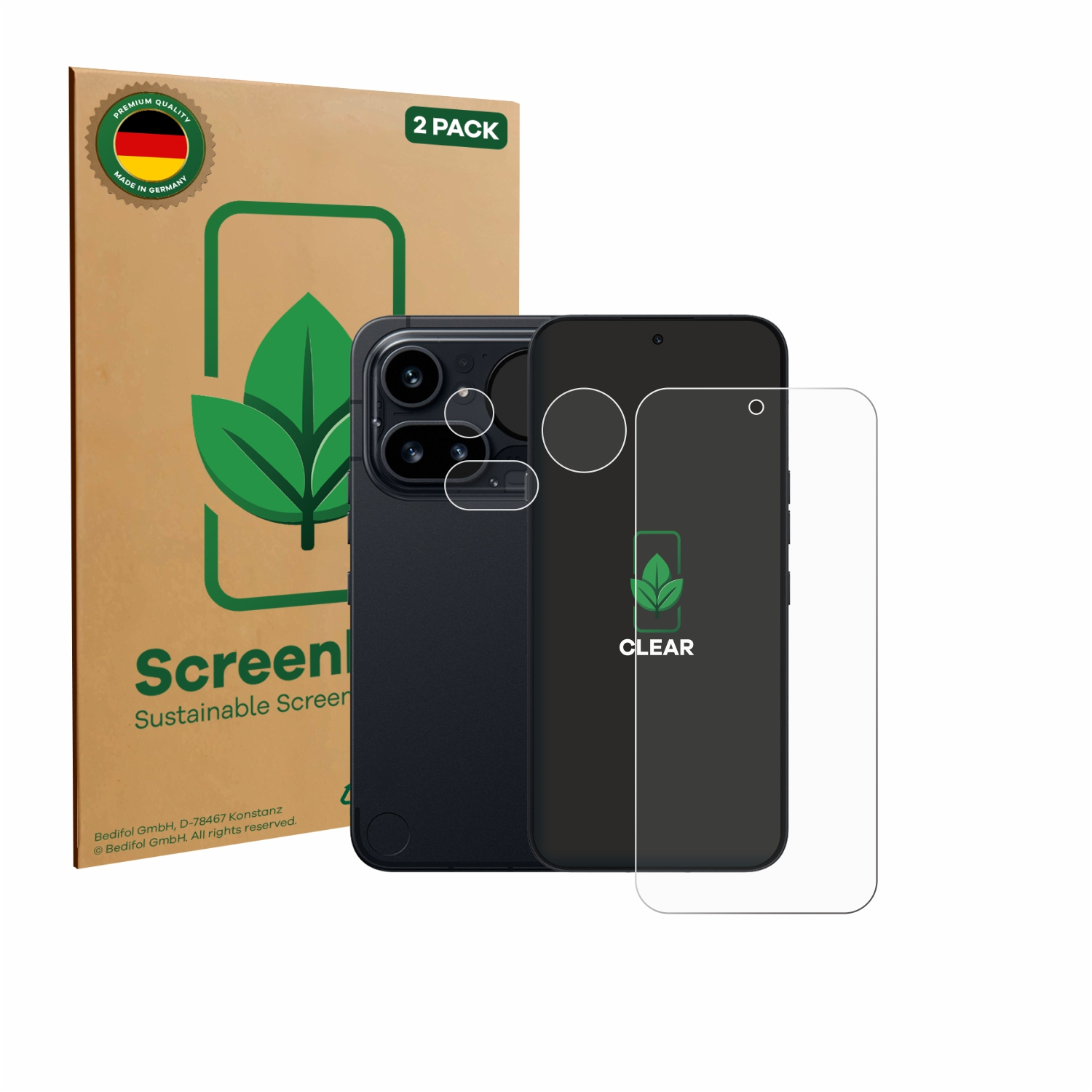 Schutzfolien-Packung für ein Smartphone mit einem Handy.