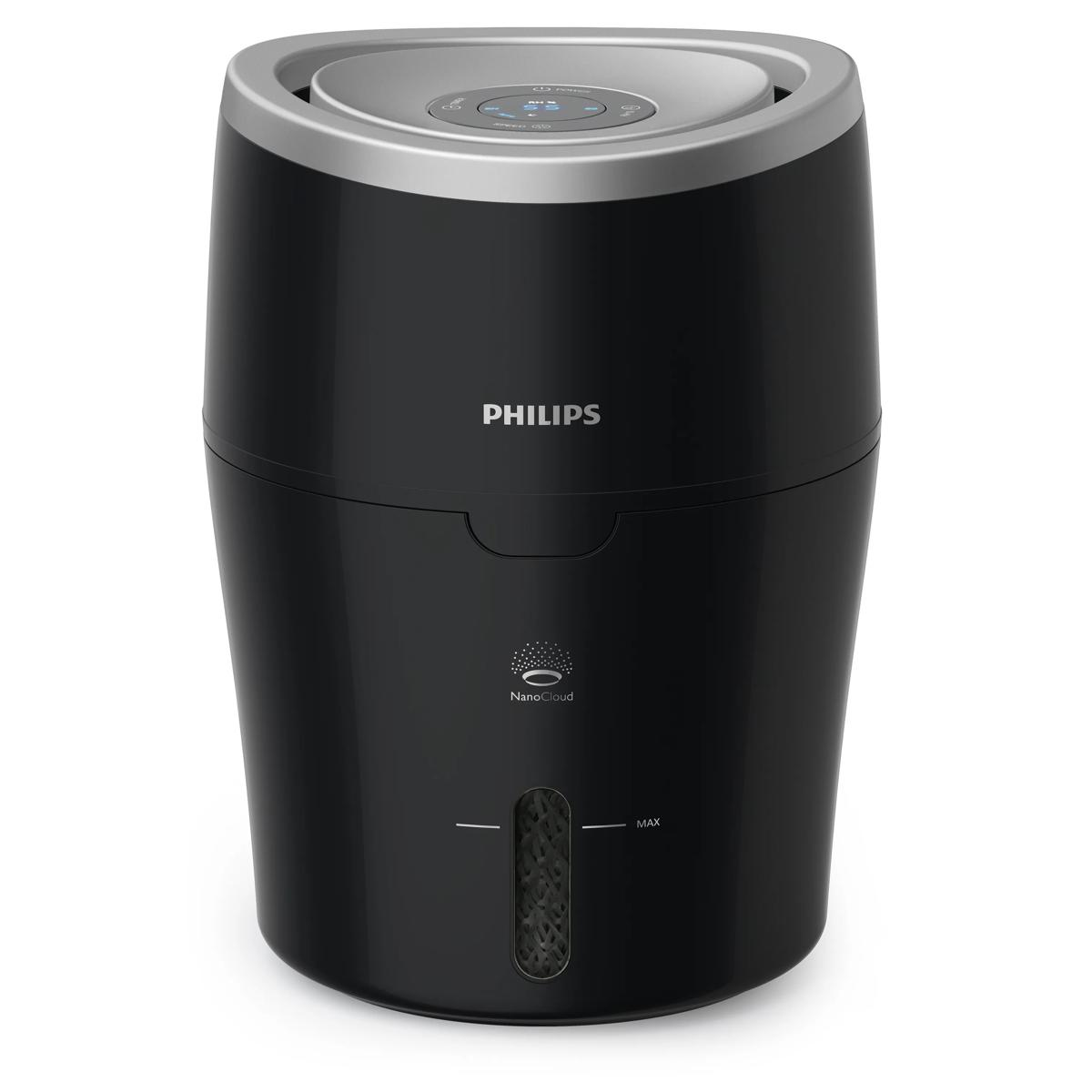 Schwarzer Philips Luftbefeuchter mit silbernem Ring und Bedienfeld oben.