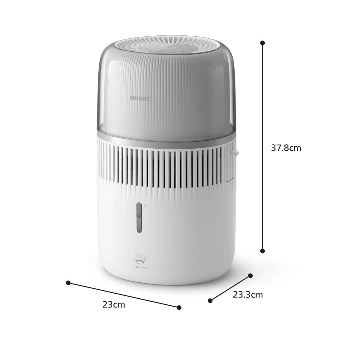 Ein weißer Philips Luftreiniger mit Maßen 23x23,3x37,8cm.