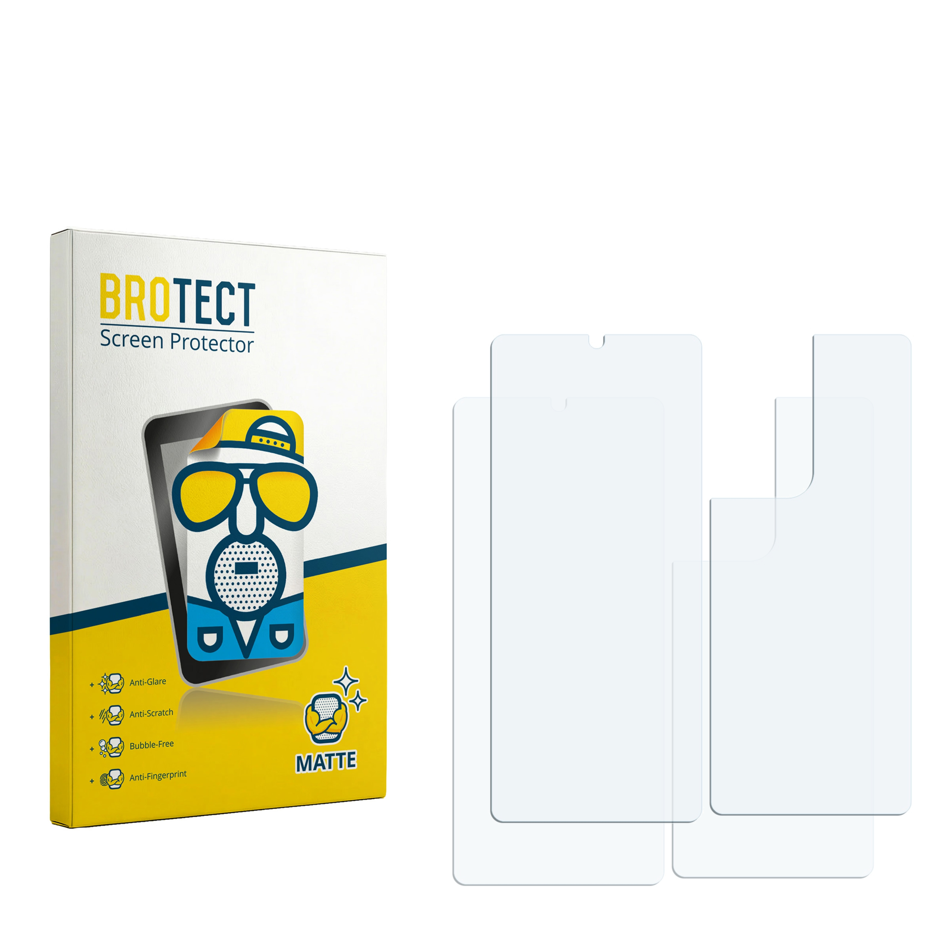 Packung BROTECT Displayschutzfolie und zwei klare Schutzfolien nebeneinander auf weißem Grund.