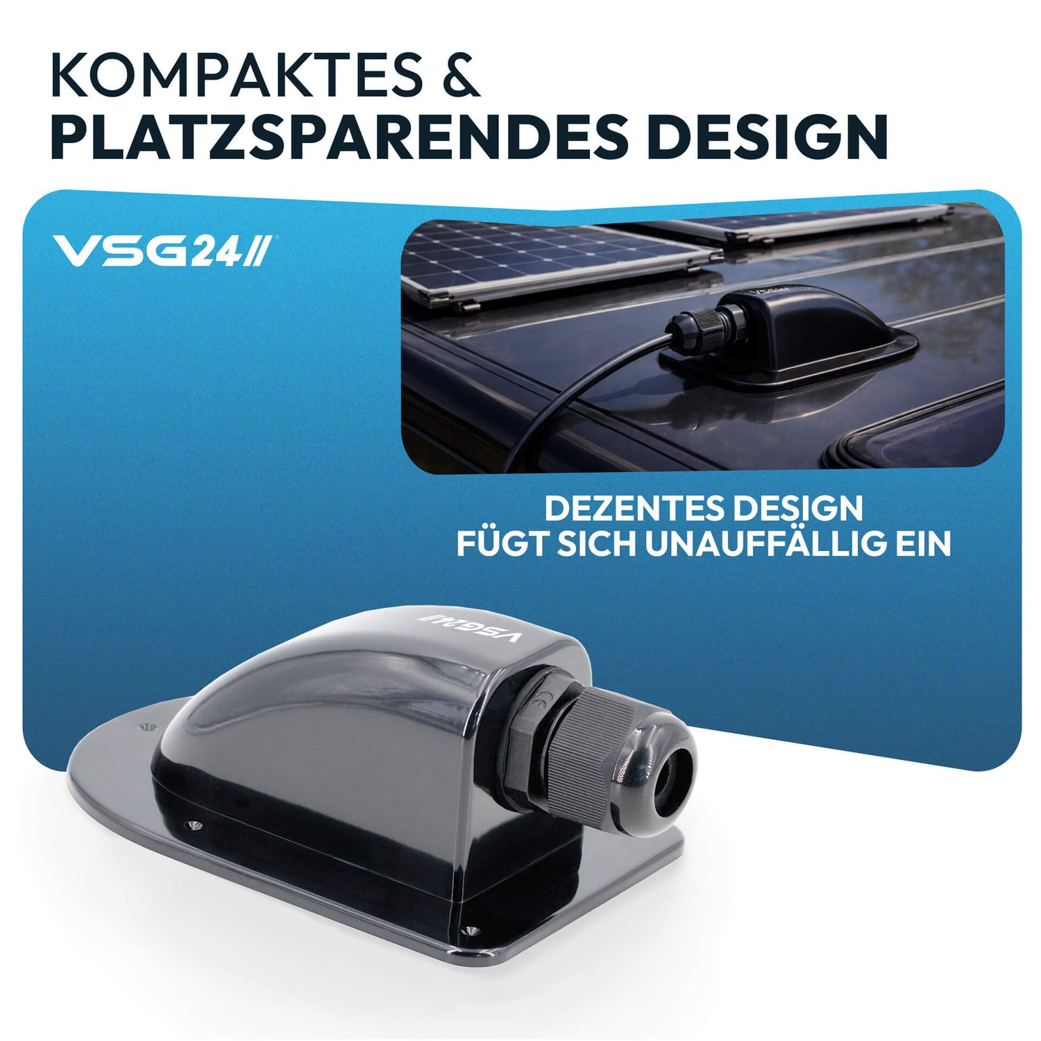 Schwarzer Solarkabel-Einführungsbox auf einem Fahrzeugdach mit Solarpaneelen.