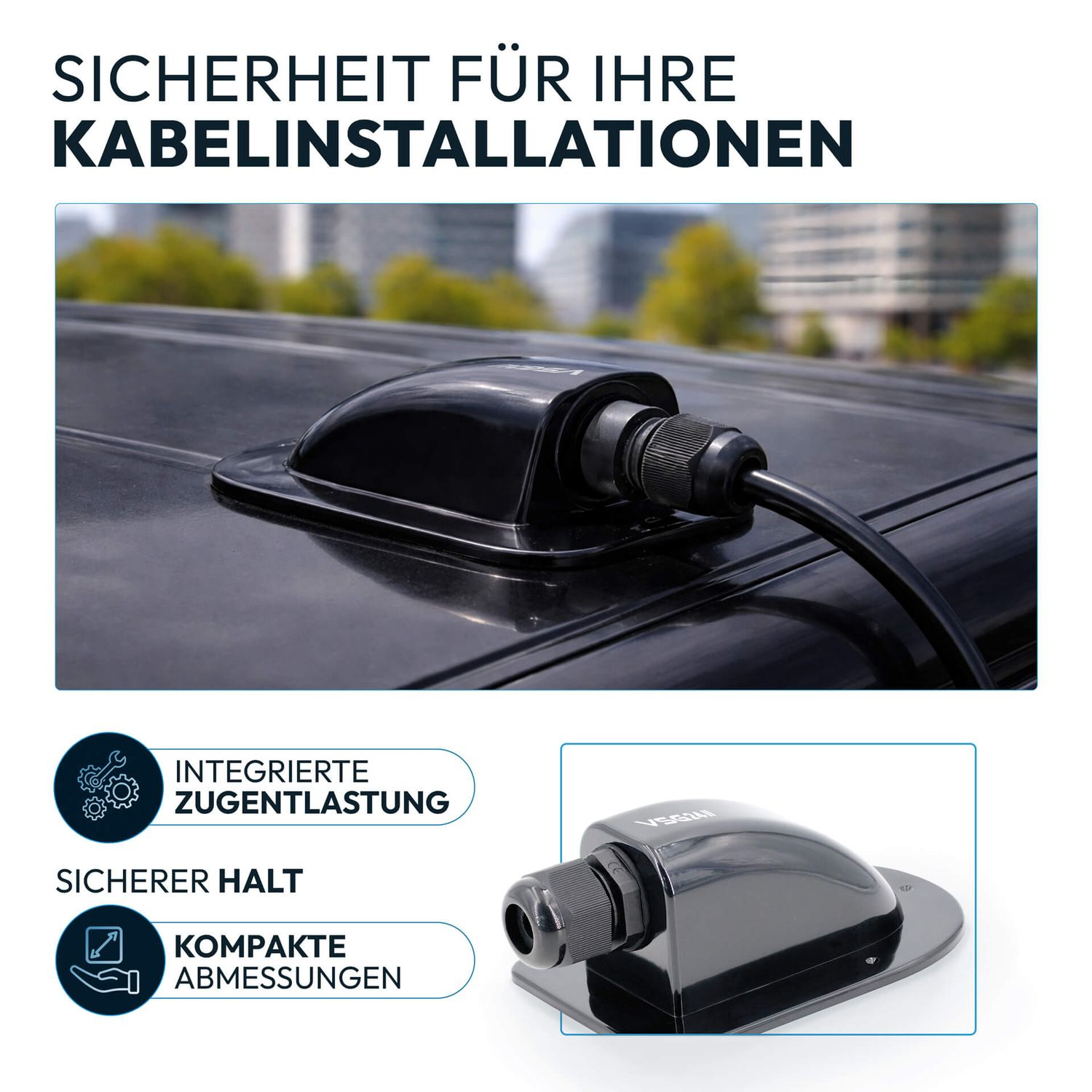 Schwarzer Kabeldurchgang auf einem dunklen Dach mit Gebäuden im Hintergrund.