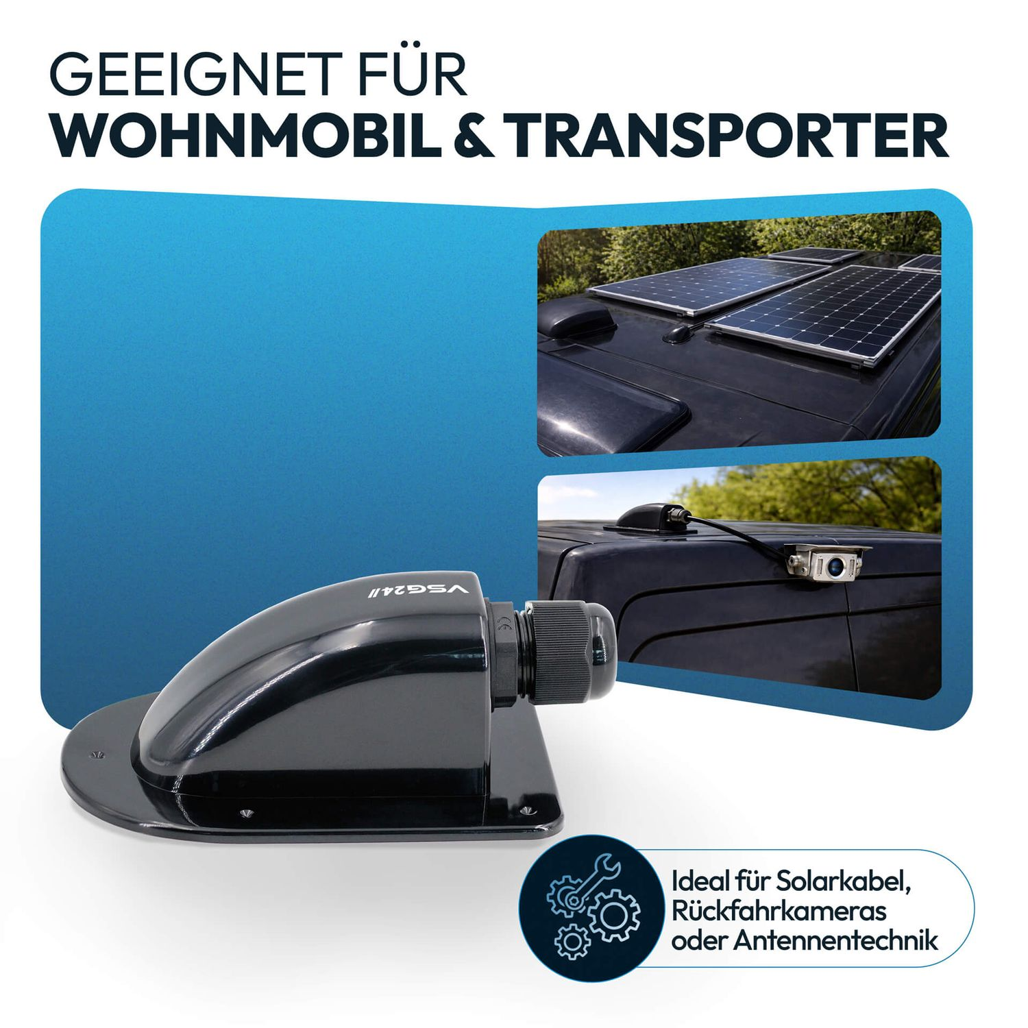 Schwarzes Gehäuse mit Solarpaneelen und Rückfahrkamera auf einem Wohnmobil.