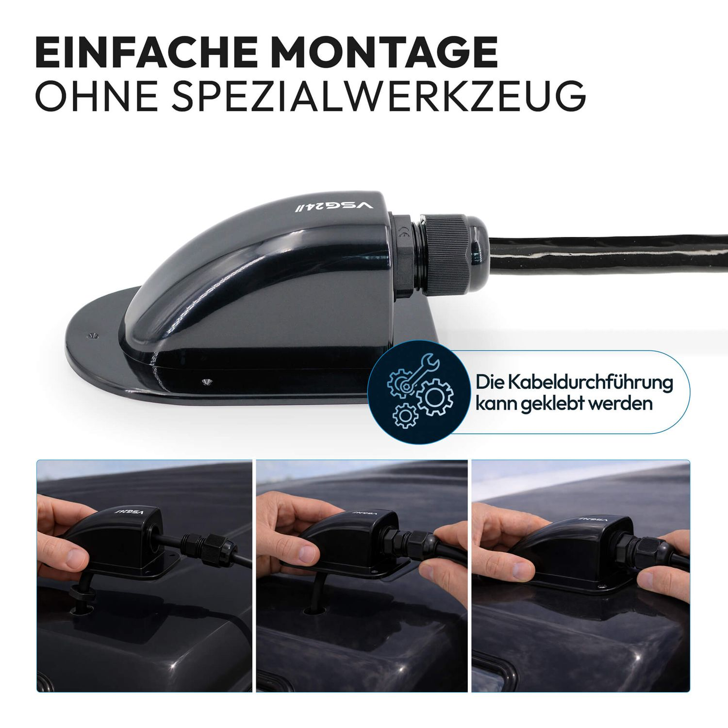 Schwarzer Kabeldurchführung für Solarmodule, Montage auf einem dunklen Dach.