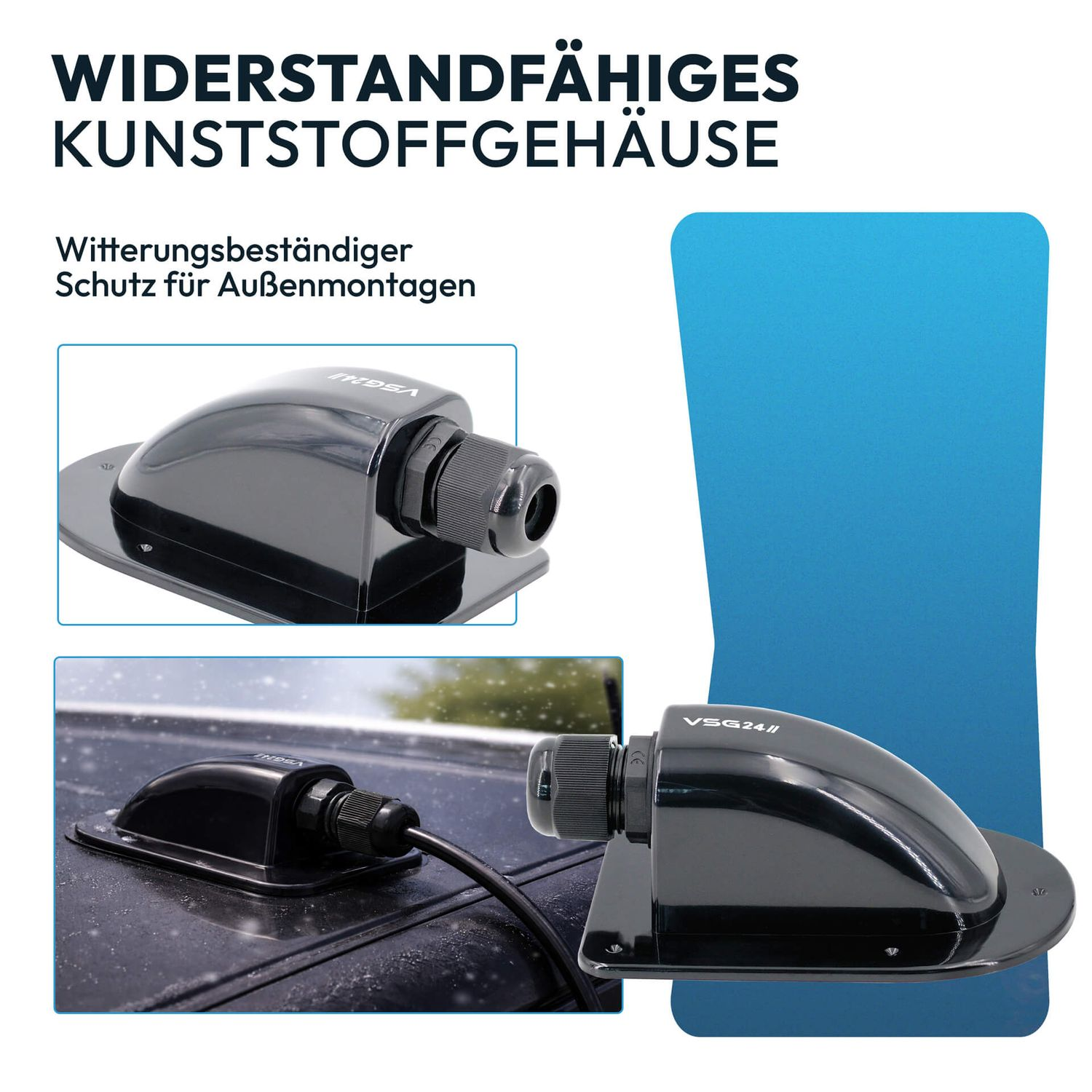Schwarzes Kunststoffgehäuse für Außenmontagen, mit Kabelanschluss.