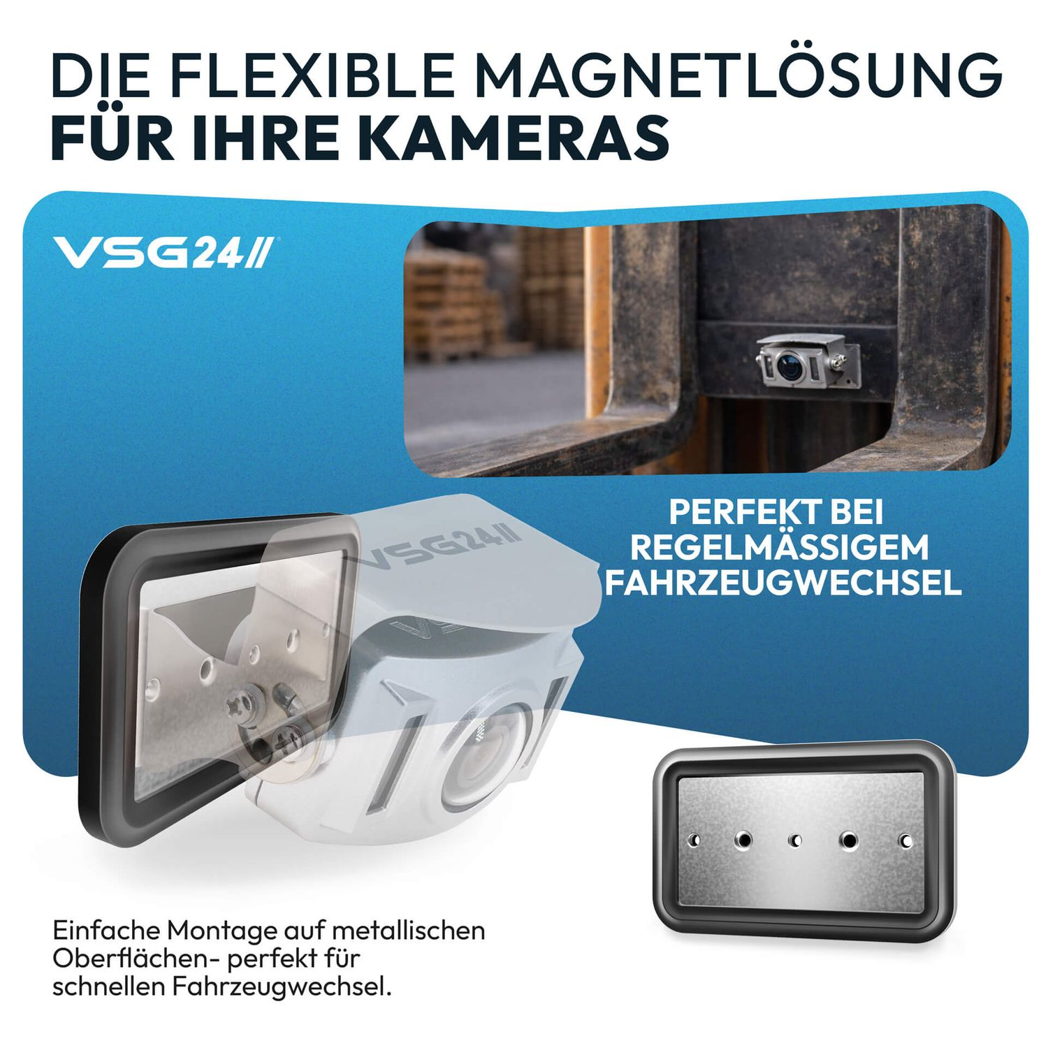 Eine magnetische Kamerahalterung wird an einem Gabelstapler montiert. Detailansicht.