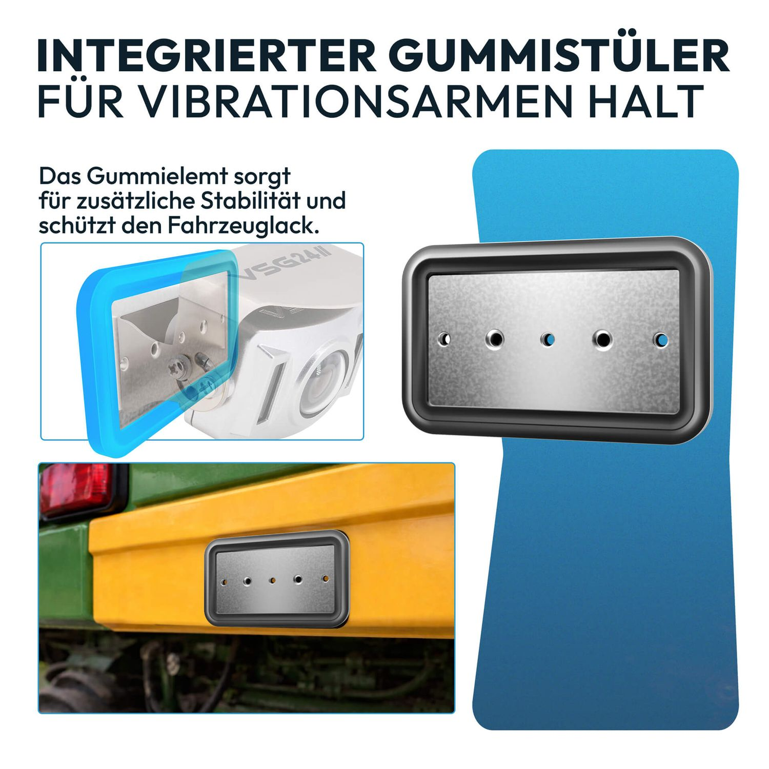 Gummiaufnahme für vibrationsarmen Halt an Fahrzeugen, mit Detailansichten.