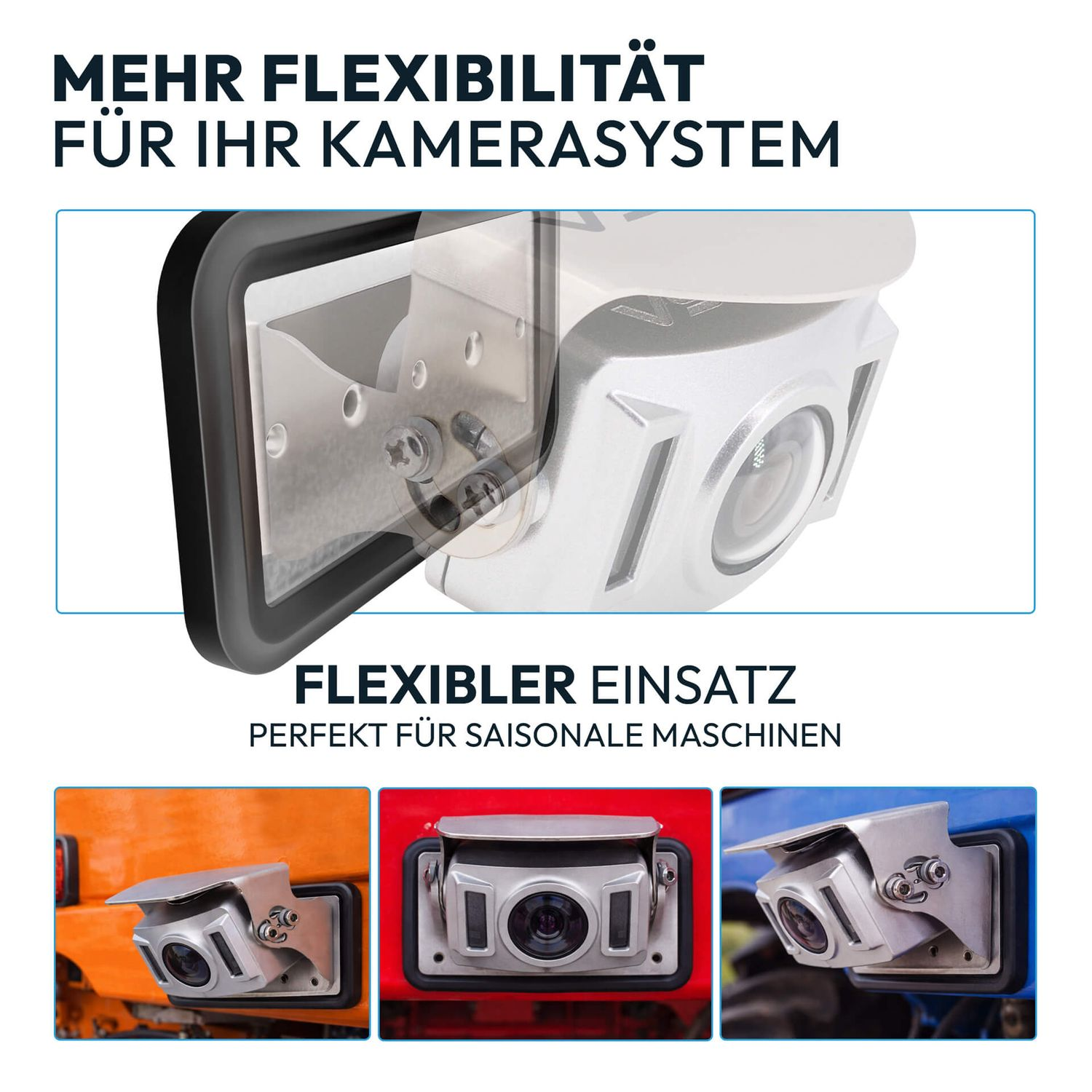 Nahaufnahme einer Kamera mit Montagehalterung auf orangefarbenem, rotem und blauem Hintergrund.