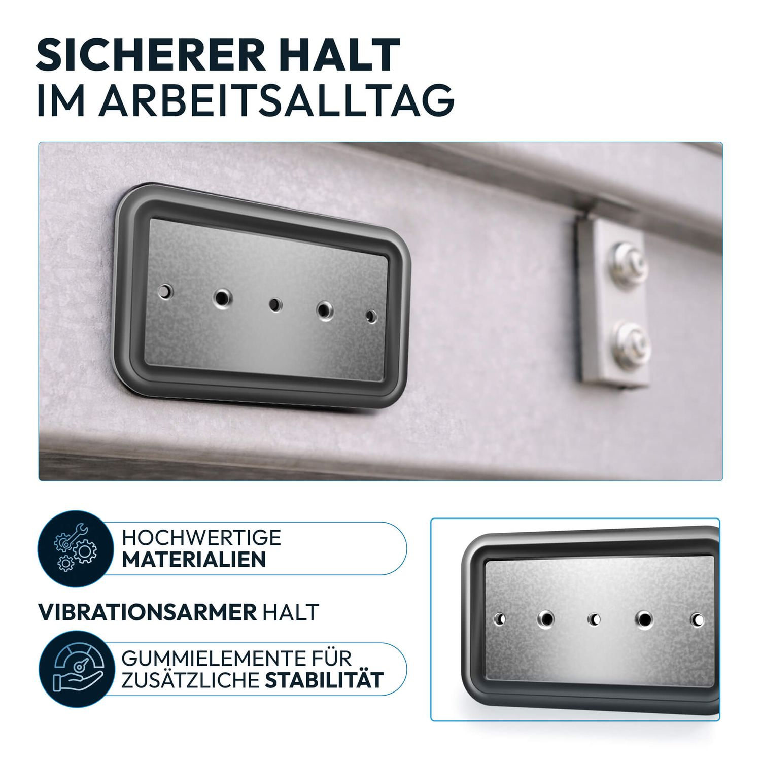 Nahaufnahme einer metallischen Halterung mit vier Schraubenlöchern, montiert auf einer grauen Fläche.
