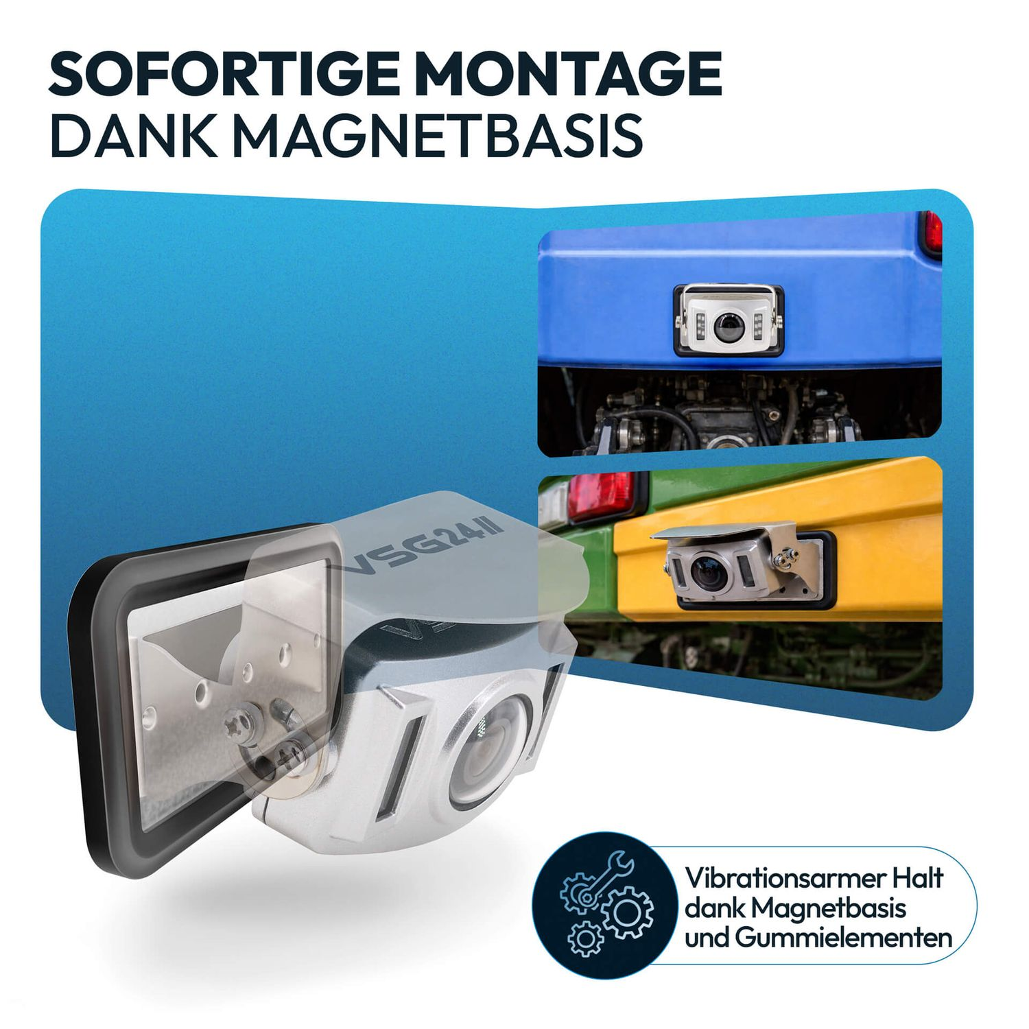 Kamera mit Magnetfuß auf blauen und gelben Fahrzeughecks. Text: Sofortige Montage dank Magnetbasis.