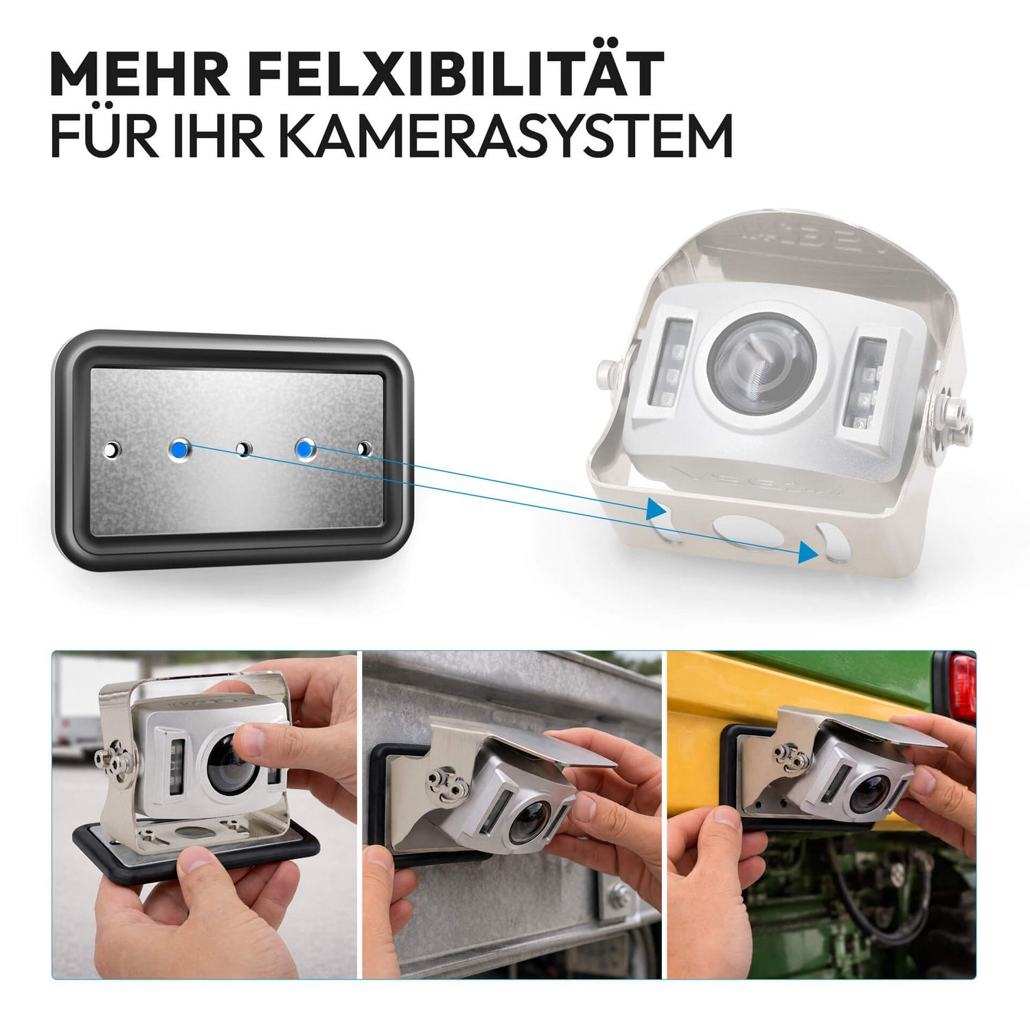 Montage einer Rückfahrkamera: Halterung, Kamera und Anschluss.
