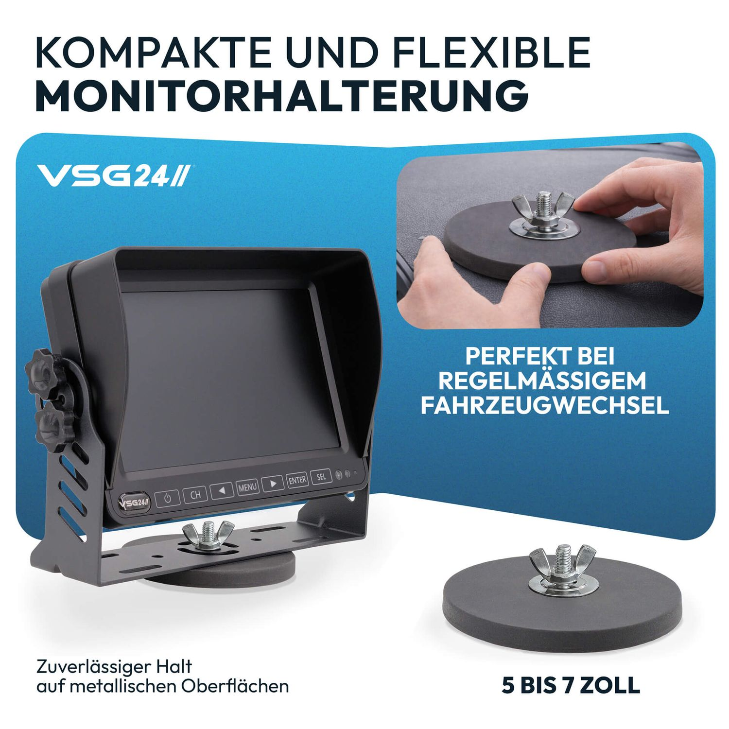 Kompakte Monitorhalterung mit Saugfuß. Für 5-7 Zoll Bildschirme.