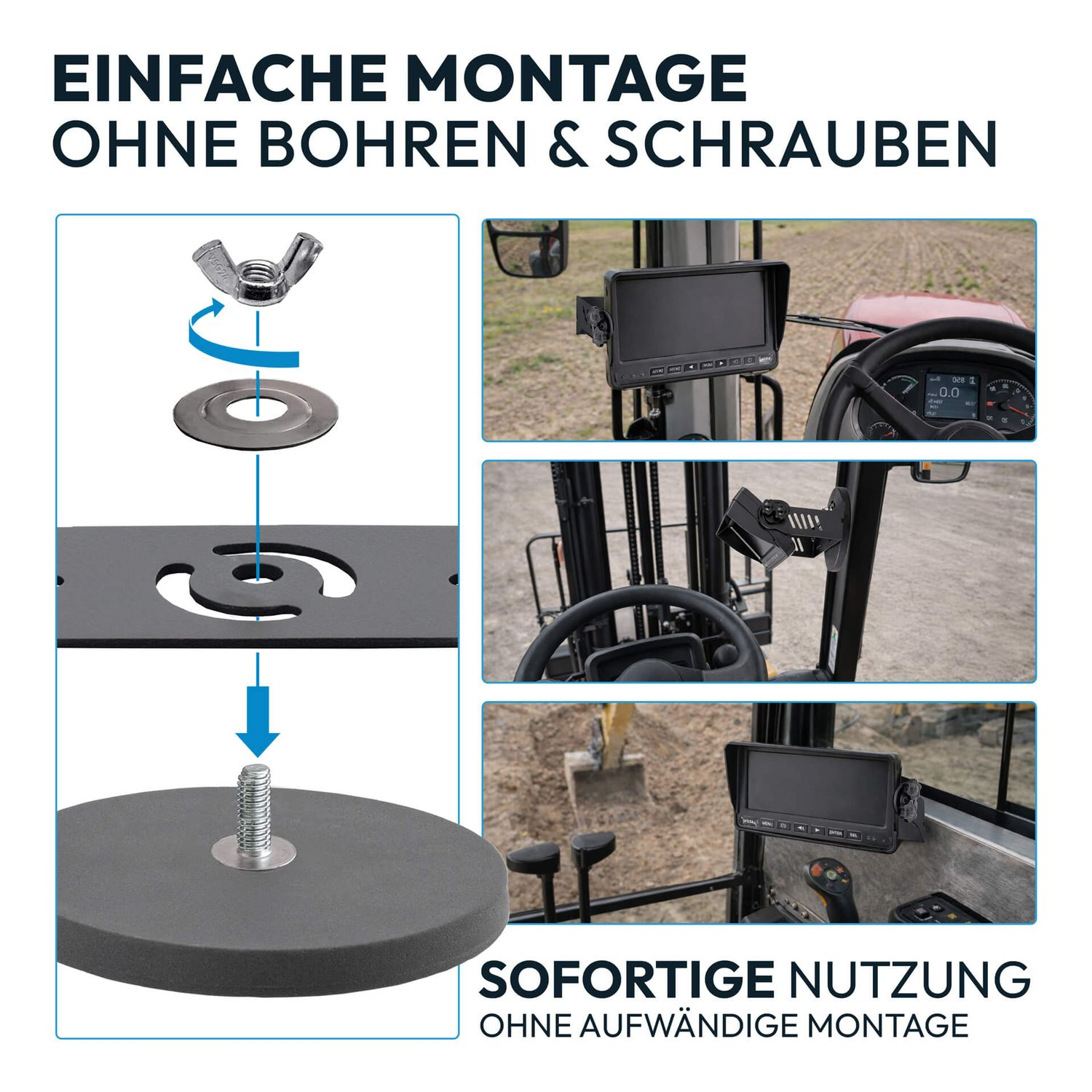 Montageanleitung für ein Gerät in einem Traktor mit Schraube und Flügelmutter.