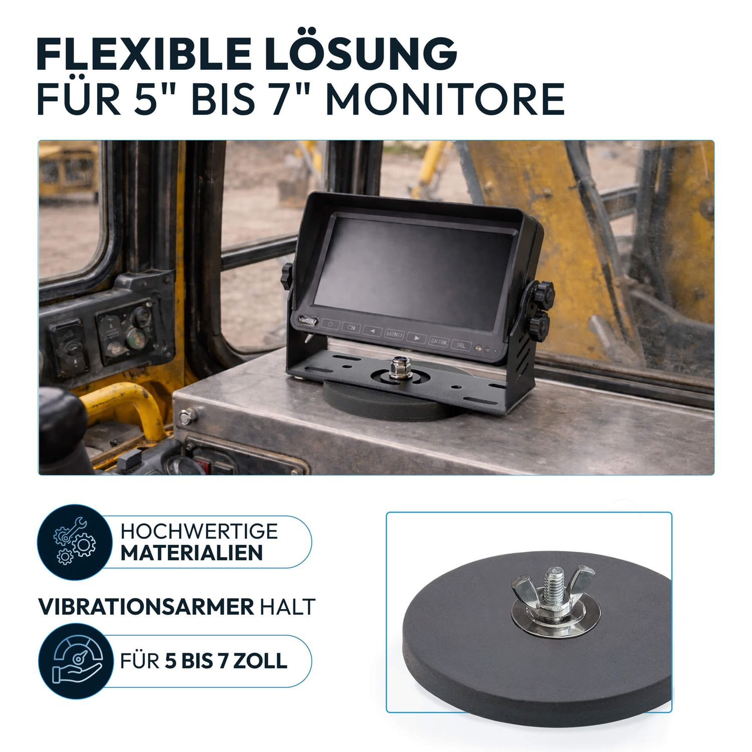 Monitorhalterung für 5-7 Zoll Monitore in einem Baggerinneren. Mit Magnetfuß.