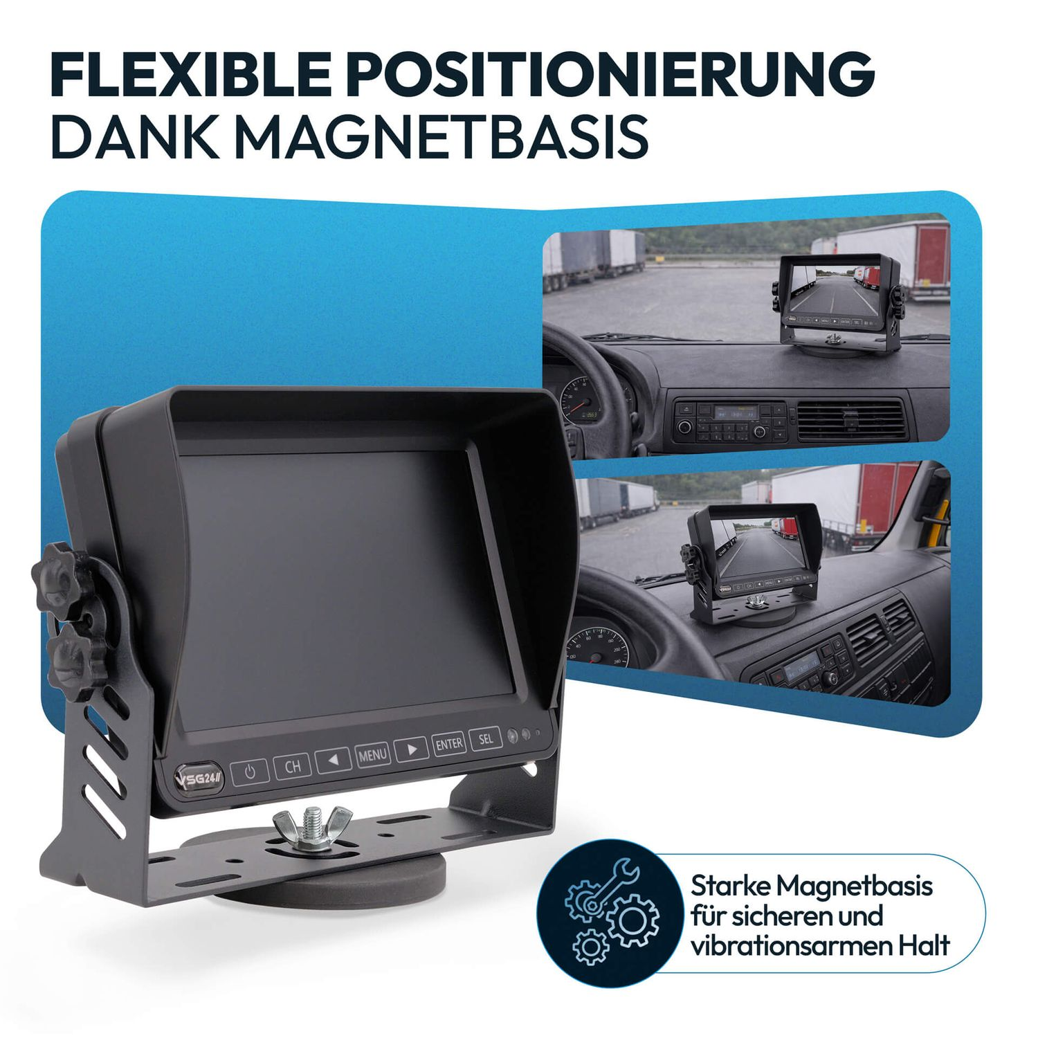 Ein LKW-Monitor mit starker Magnetbasis wird gezeigt.