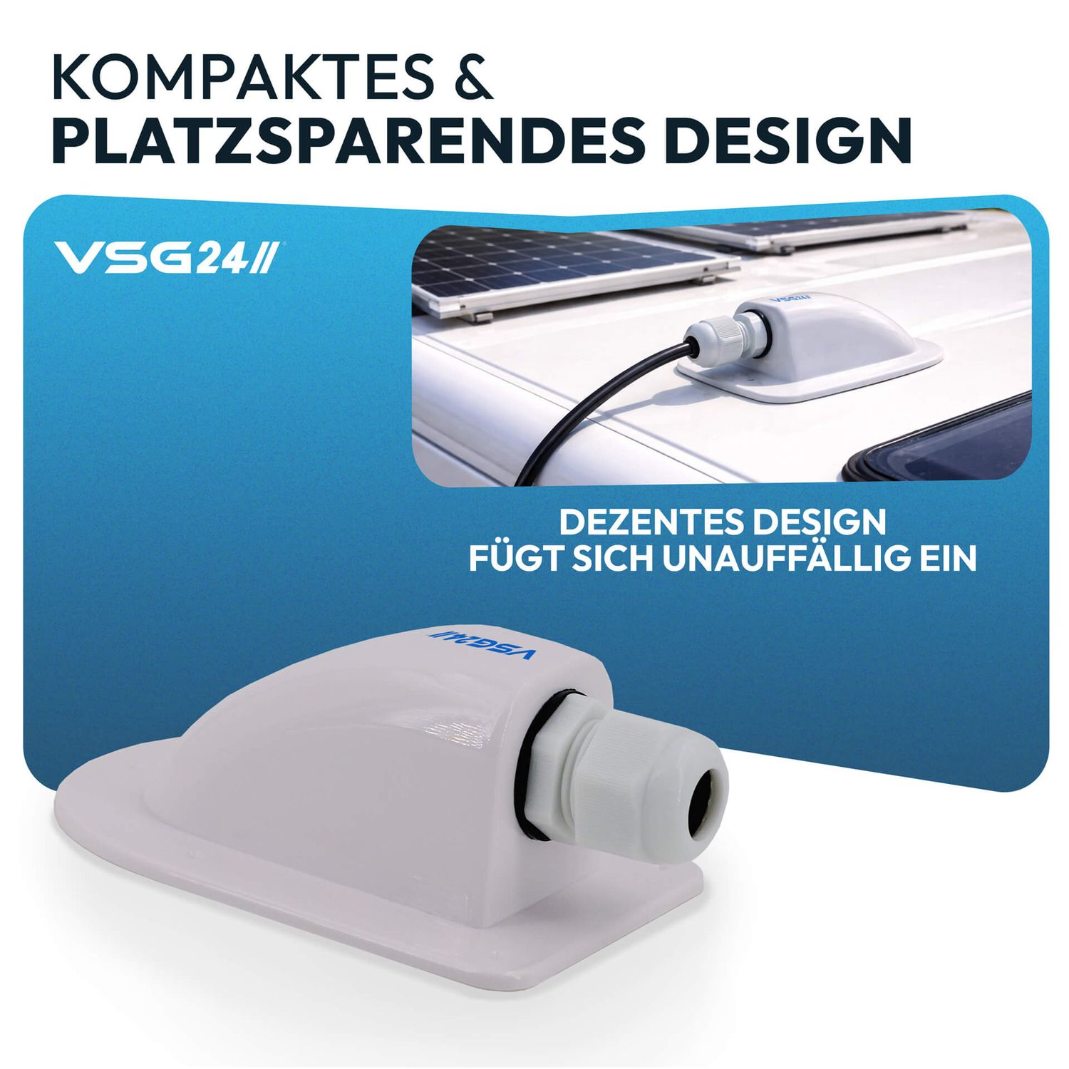 Weiße Dachdurchführung mit Kabel und Solarmodulen auf einem weißen Fahrzeugdach.