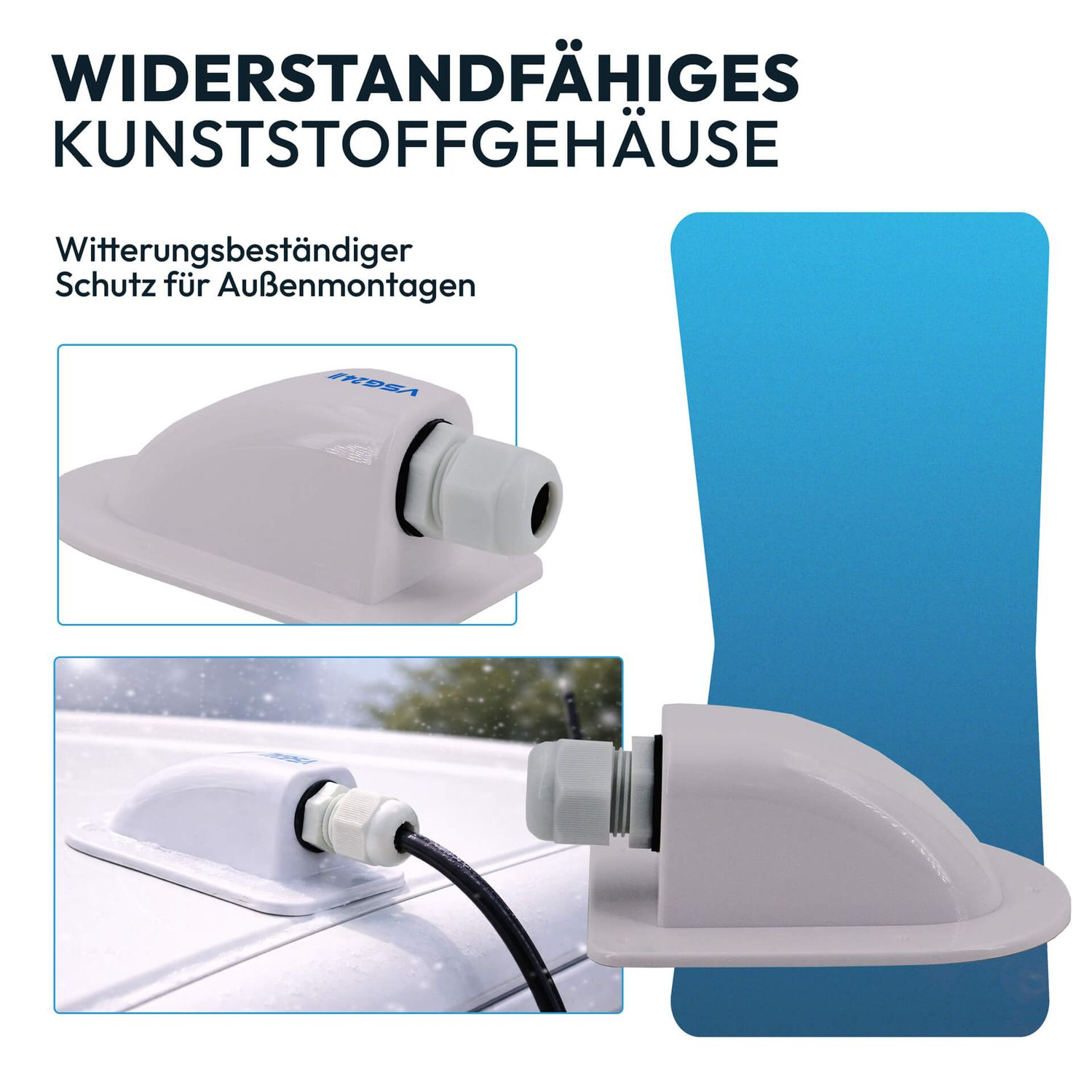 Ein weißes, aerodynamisches Gehäuse mit Kabeldurchführung auf einem Fahrzeugdach.