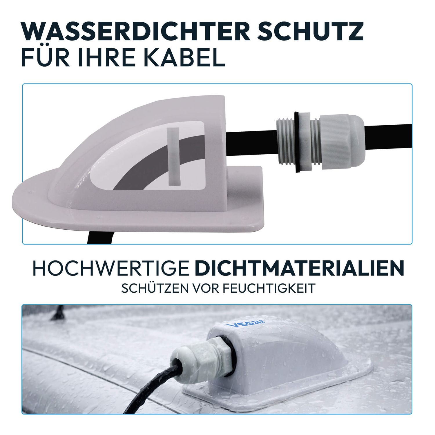Ein weißer Kabeldurchführungseinführungskopf, mit schwarzem Kabel.