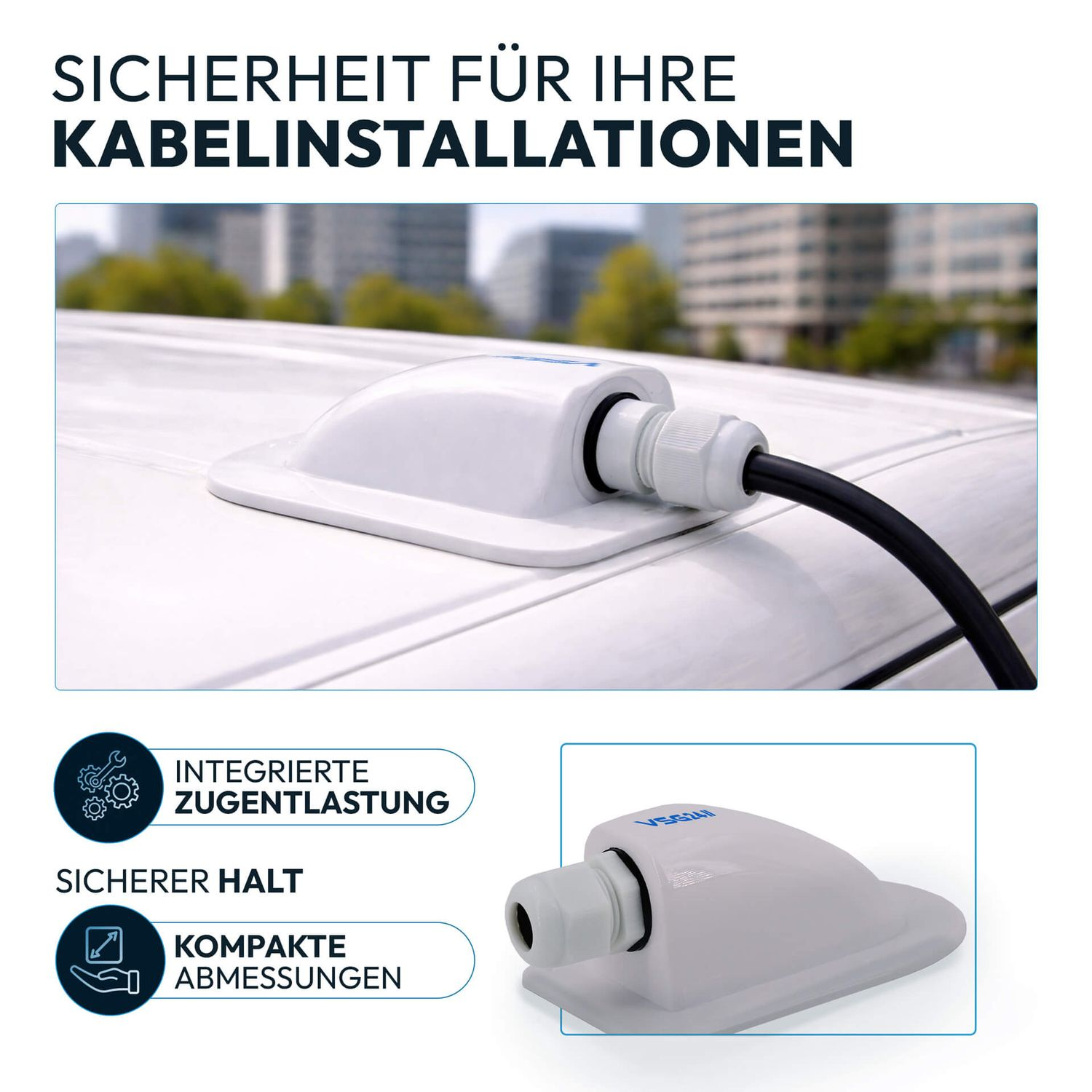 Ein weißer Kabeldurchführungseingang mit schwarzem Kabel auf einem weißen Dach.