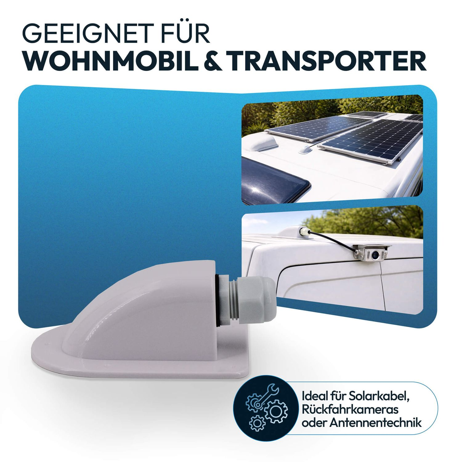 Weiße Kabeleinführung für Wohnmobile, mit Solarmodulen und Rückfahrkamera auf weißem Transporter.