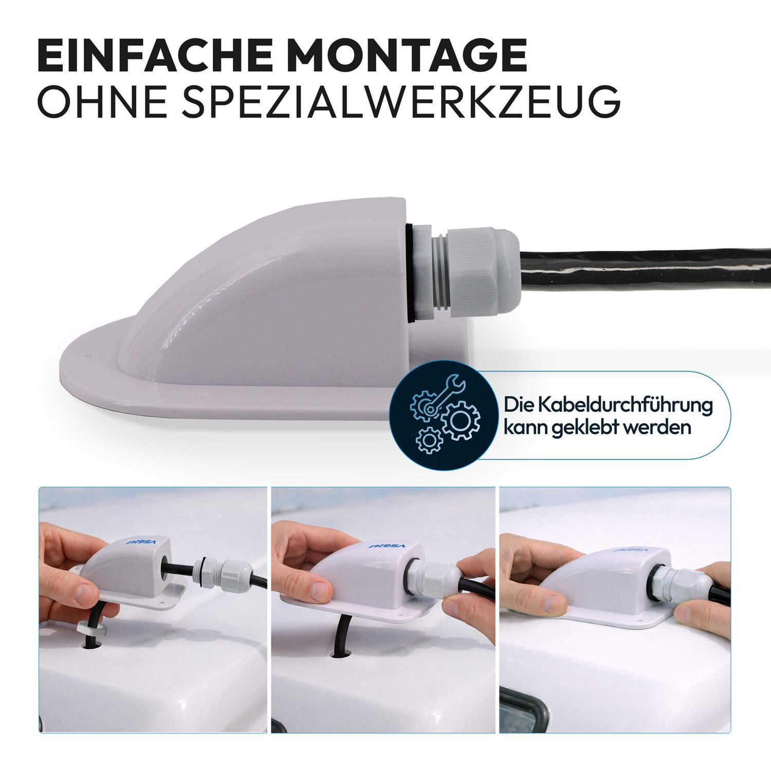 Weiße Kabeldurchführung auf weißem Dach, einfache Montage ohne Werkzeug.